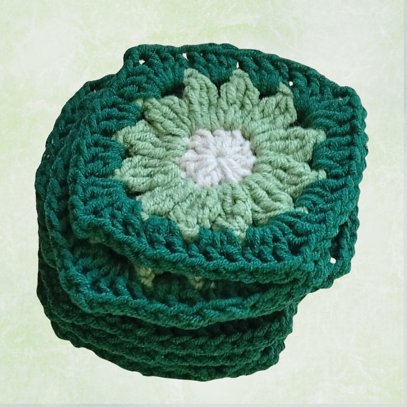 Green Crochet Flower Granny Squares – 10 Handmade Granny Squares in Neutral Boho Colors (8 cm)