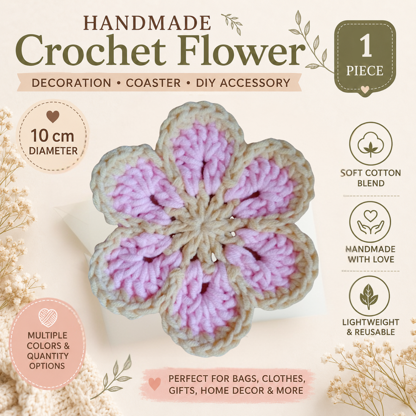 Cream & Pink Crochet Flower Applique – Handmade Floral Embellishment (10cm)