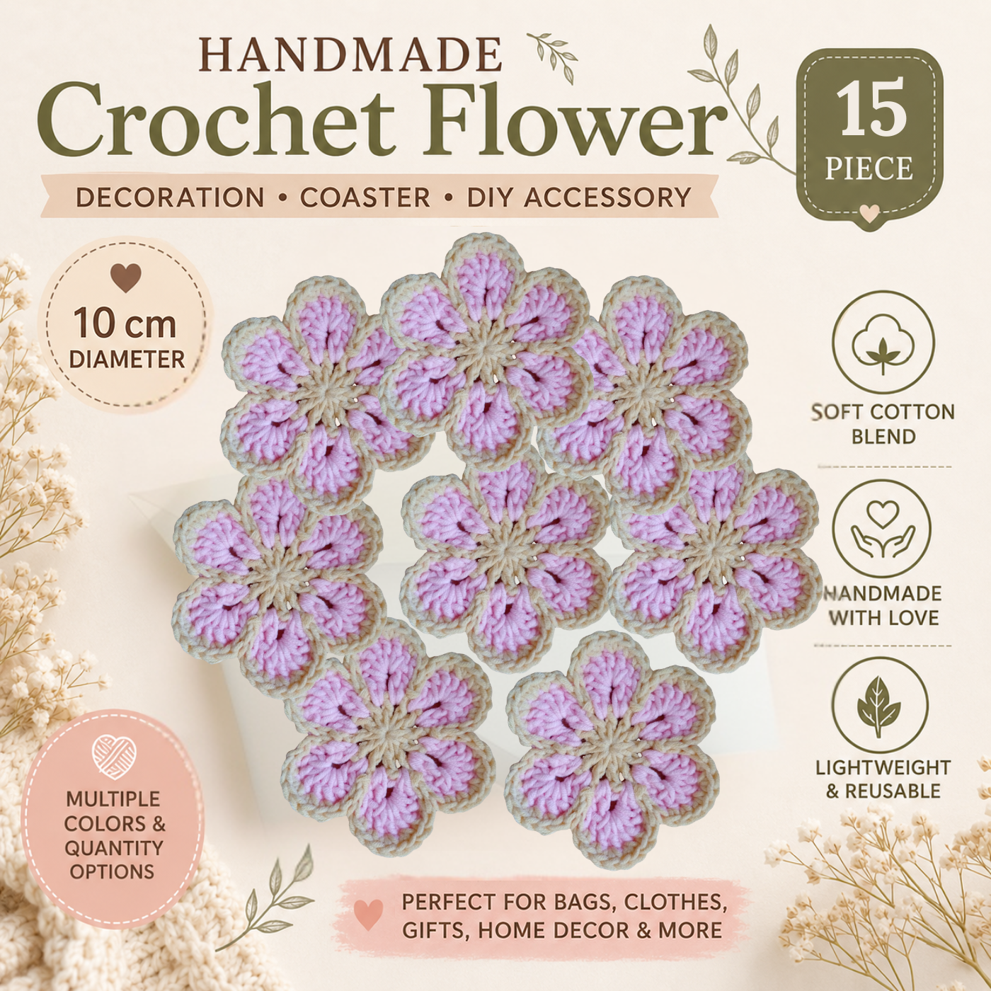 Cream & Pink Crochet Flower Applique – Handmade Floral Embellishment (10cm)