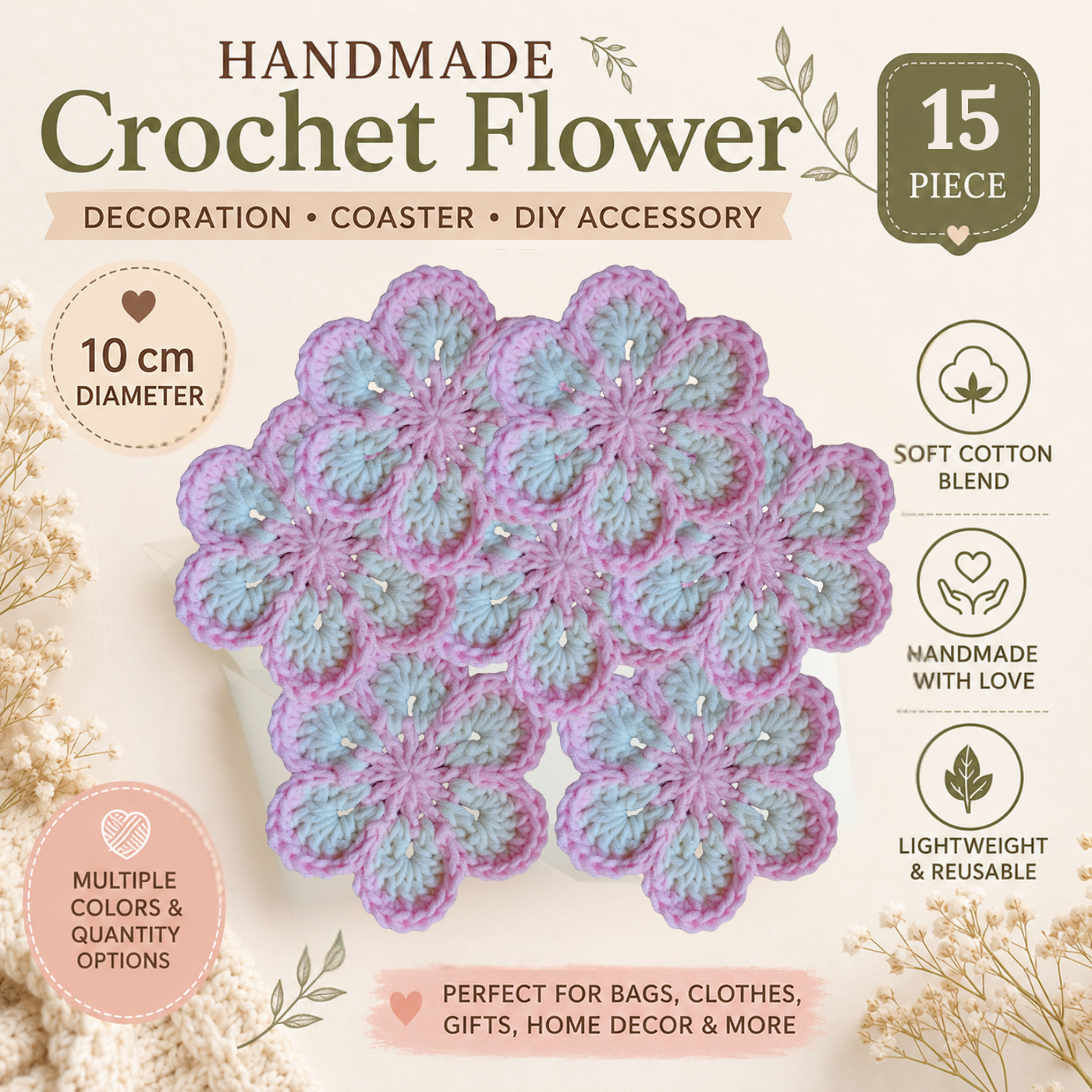 Pink & White Crochet Flower Applique – Handmade Floral Embellishment (10cm)
