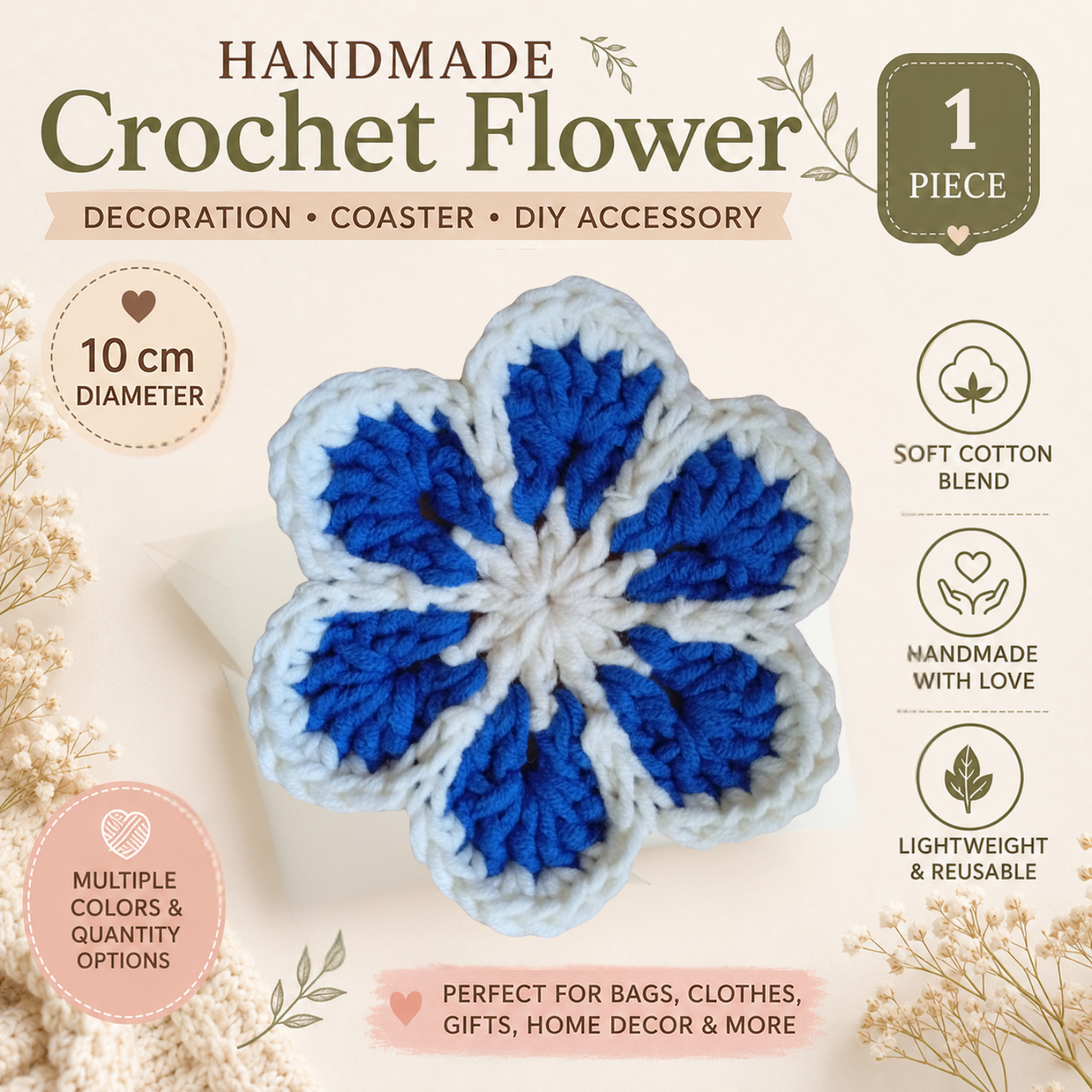 White & Sky Blue Crochet Flower Applique – Handmade Floral Embellishment (10cm)