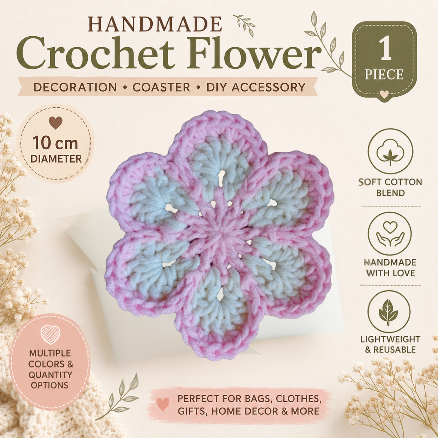 Pink & White Crochet Flower Applique – Handmade Floral Embellishment (10cm)