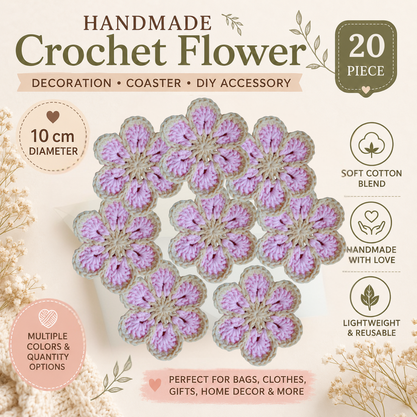 Cream & Pink Crochet Flower Applique – Handmade Floral Embellishment (10cm)
