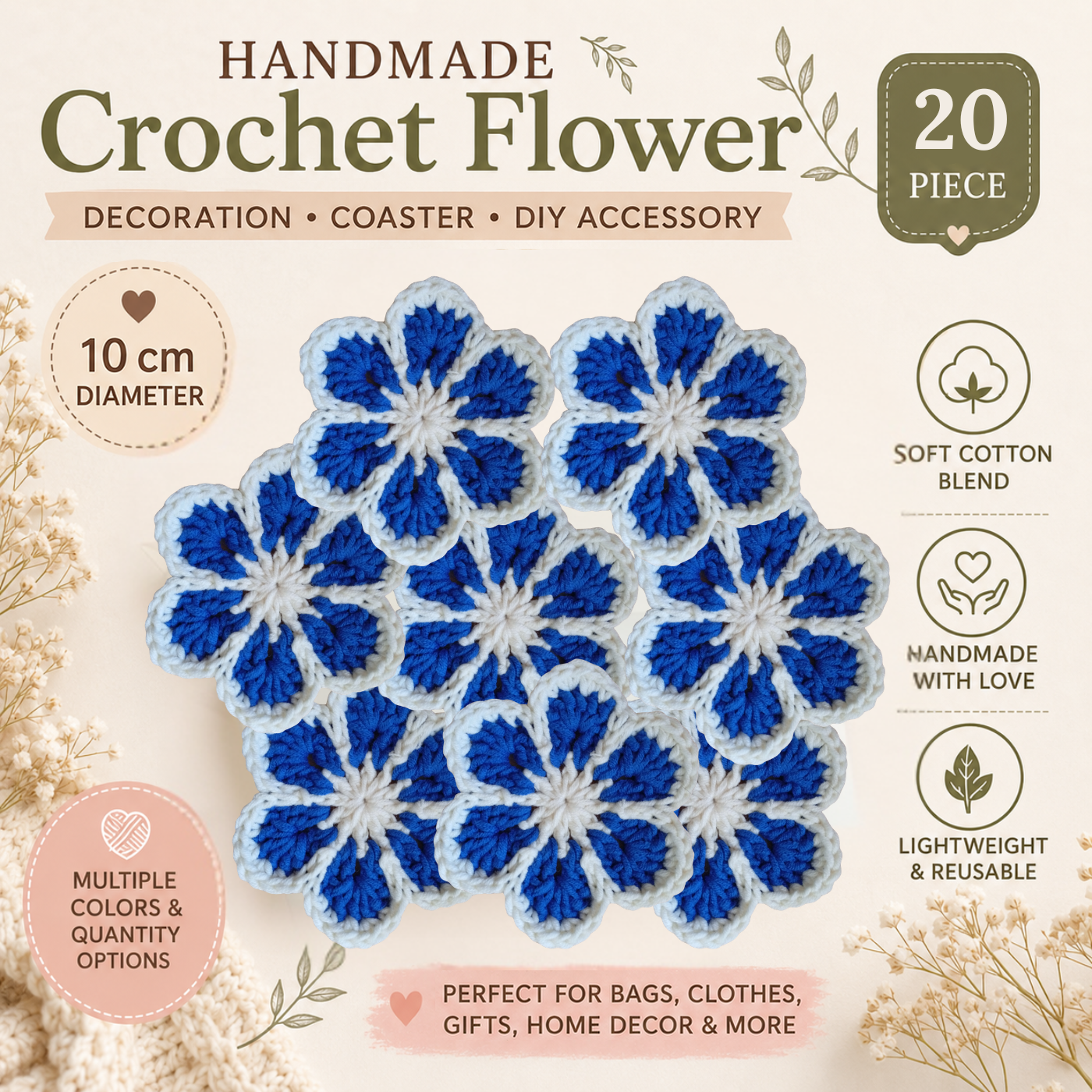 White & Sky Blue Crochet Flower Applique – Handmade Floral Embellishment (10cm)