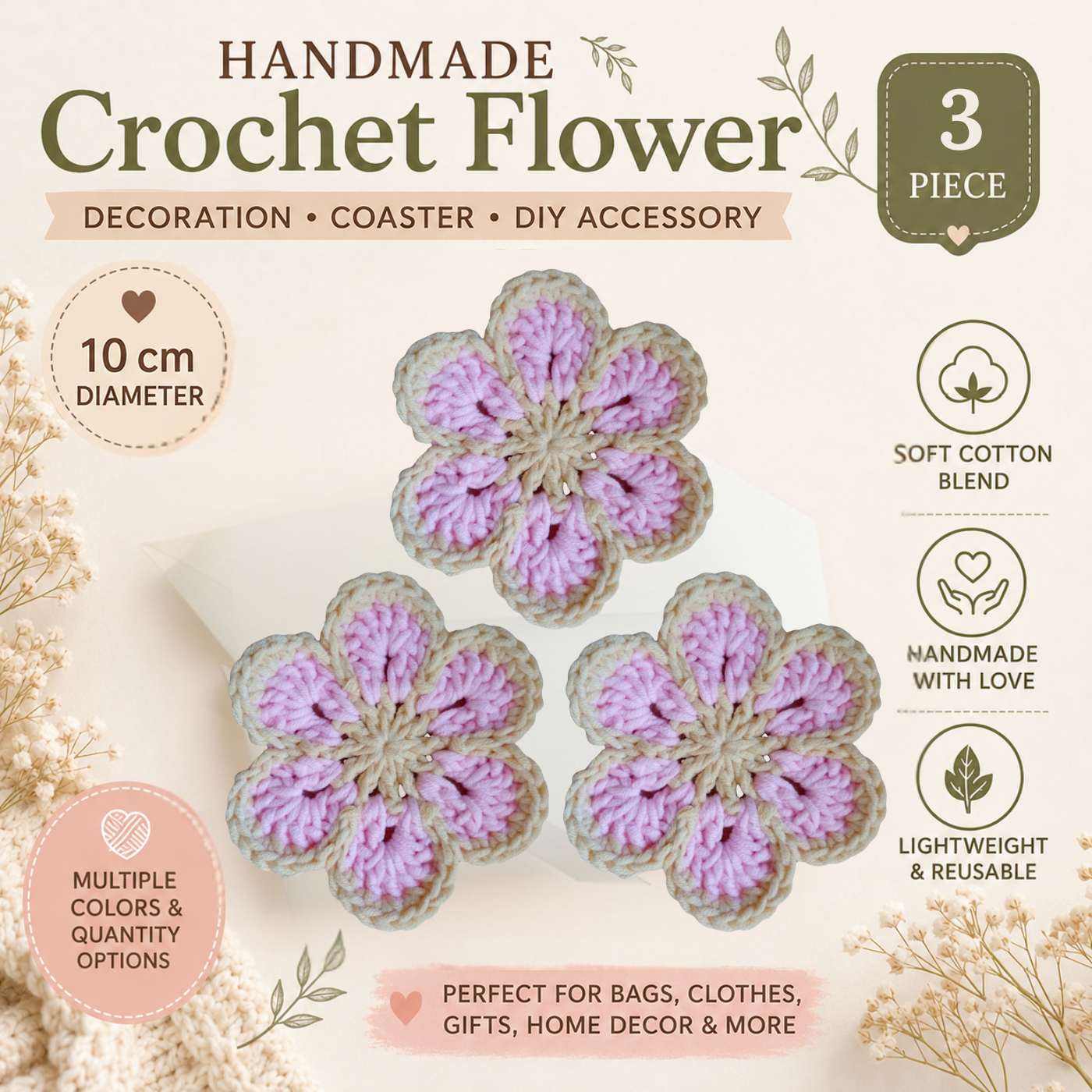Cream & Pink Crochet Flower Applique – Handmade Floral Embellishment (10cm)