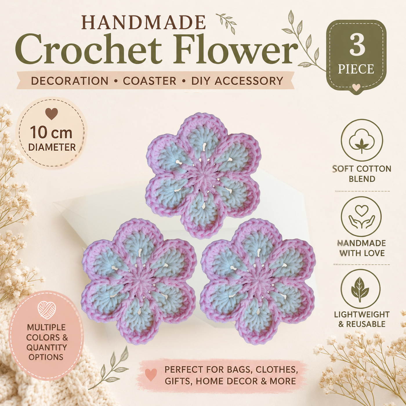 Pink & White Crochet Flower Applique – Handmade Floral Embellishment (10cm)