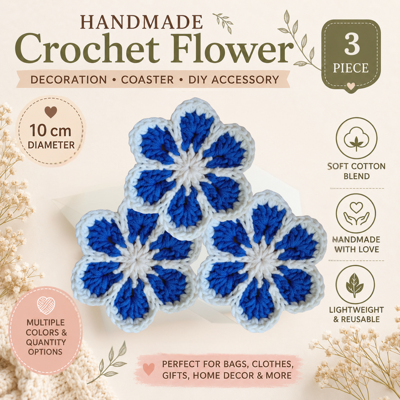 White & Sky Blue Crochet Flower Applique – Handmade Floral Embellishment (10cm)