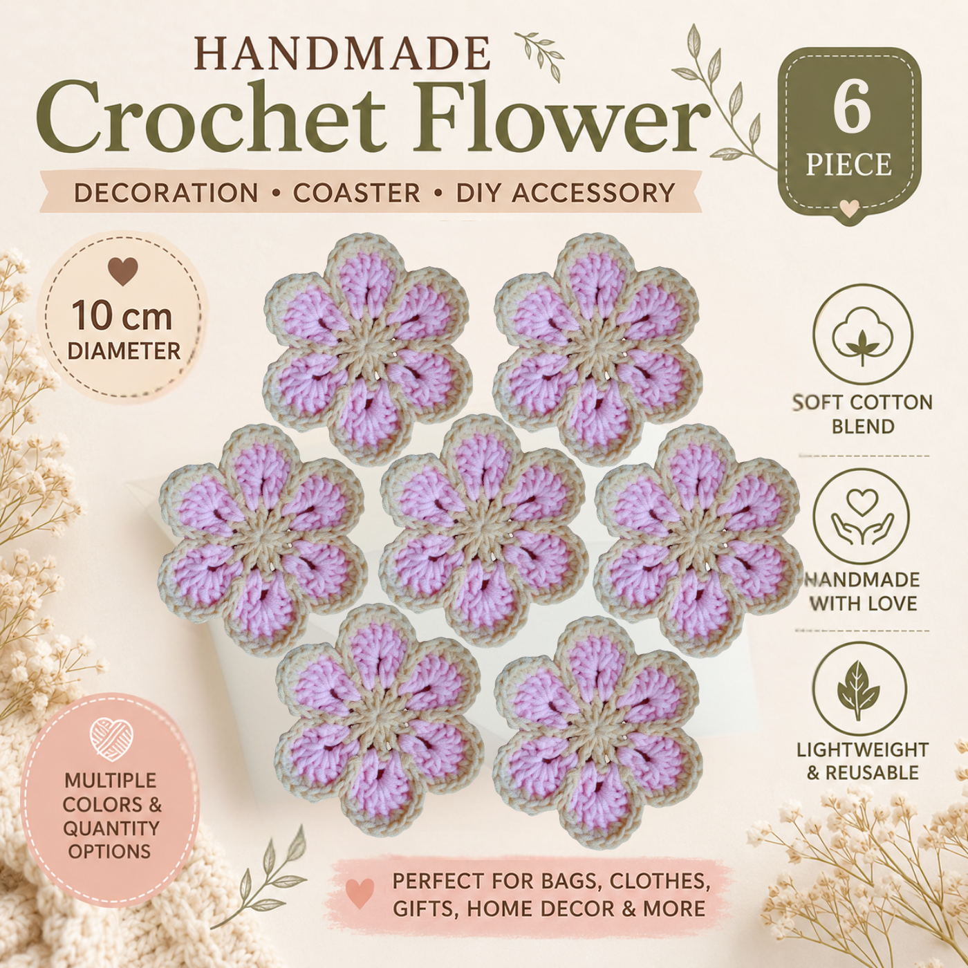 Cream & Pink Crochet Flower Applique – Handmade Floral Embellishment (10cm)