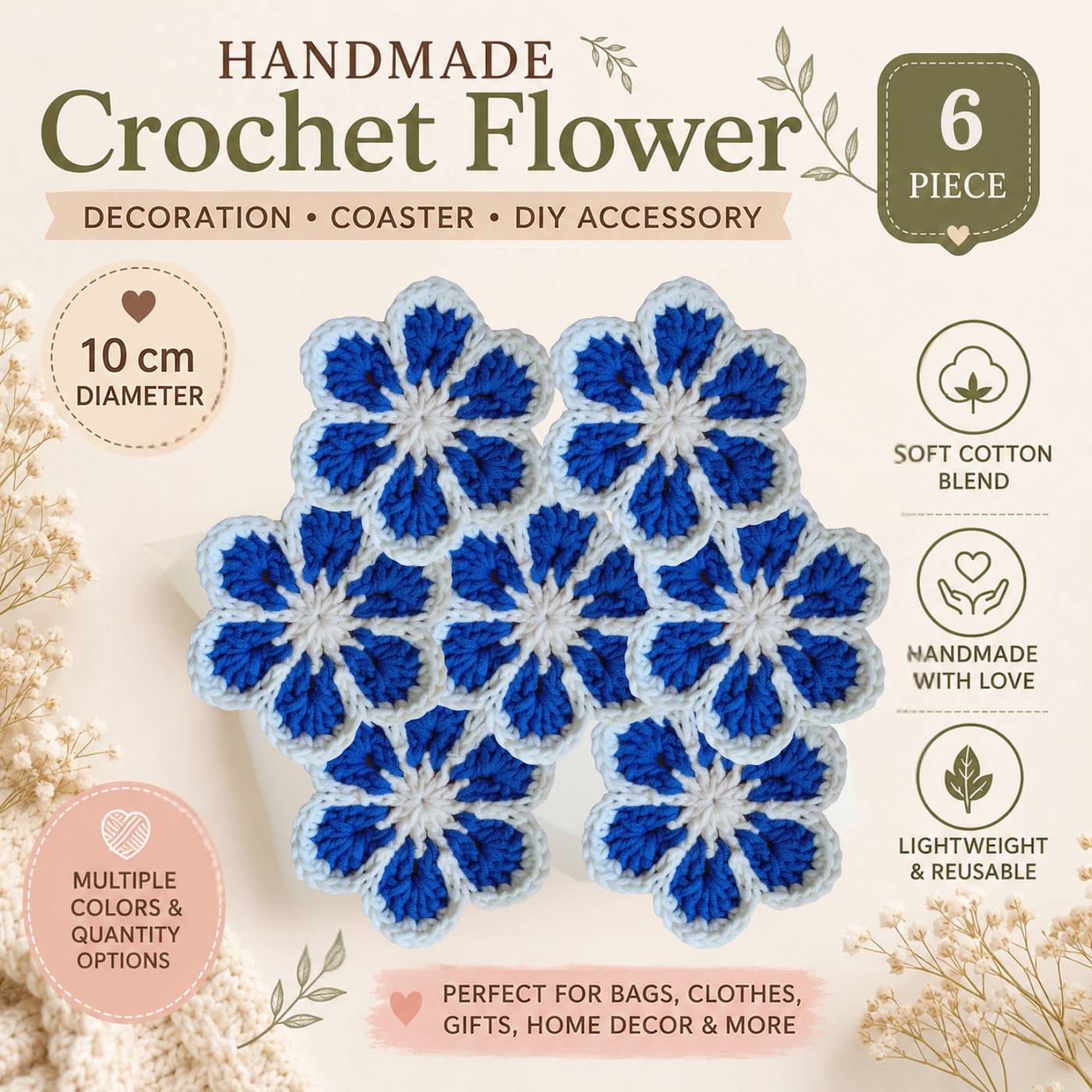 White & Sky Blue Crochet Flower Applique – Handmade Floral Embellishment (10cm)