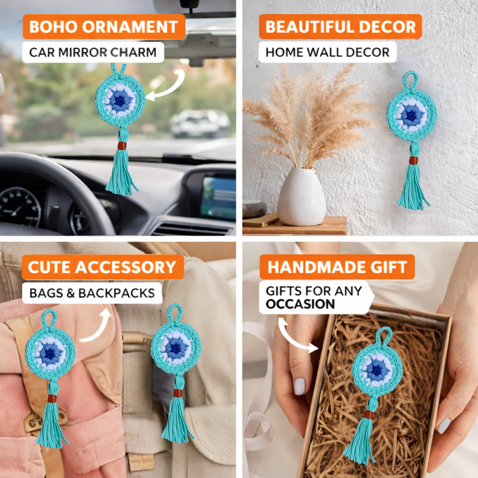 Handmade Crochet Evil Eye Hanging Ornament, Boho Wall Decor, Car Mirror Charm, Bag Accessory, Cotton Handmade Gift