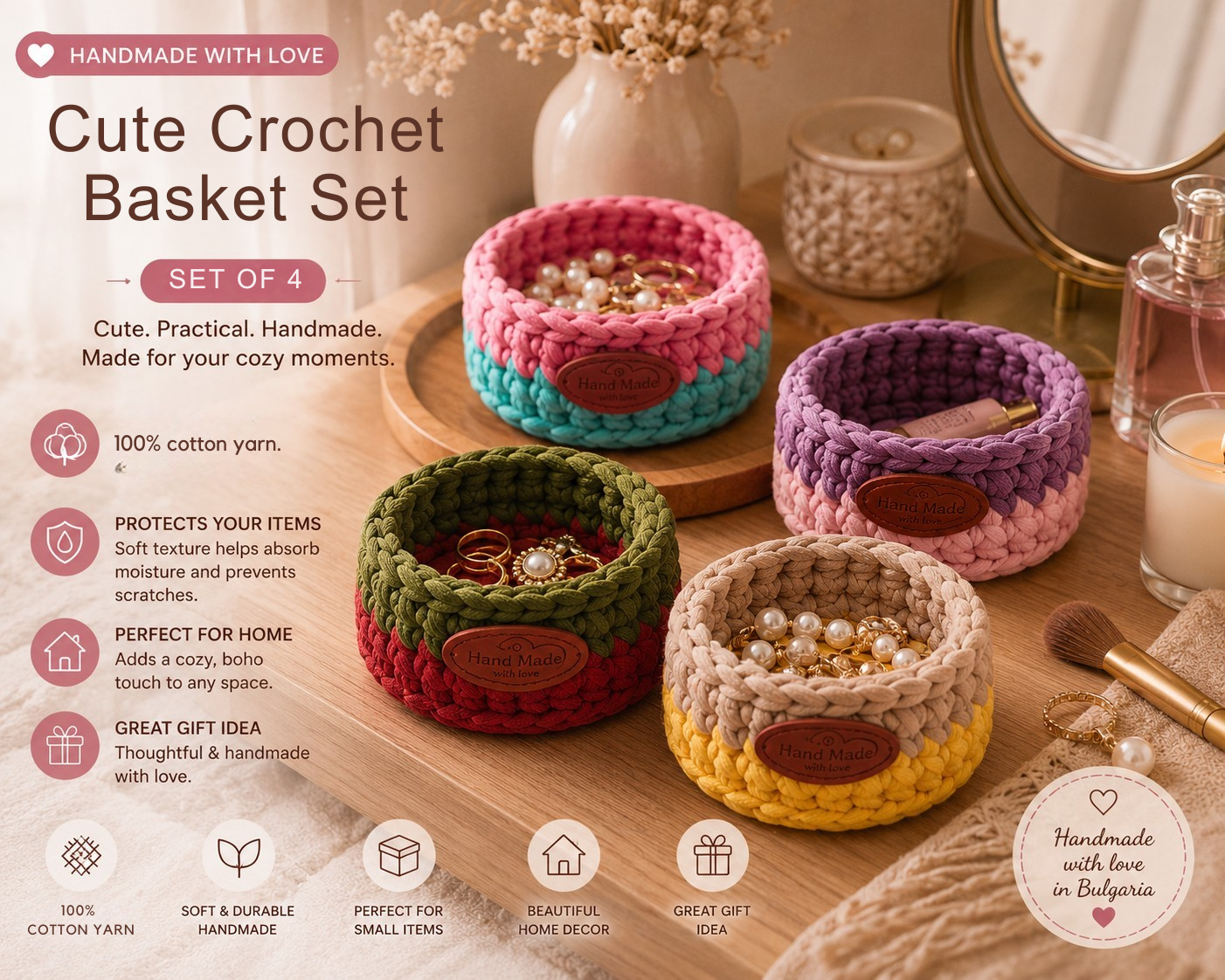 Handmade Crochet Storage Basket Set of 4 Two-Tone Colors