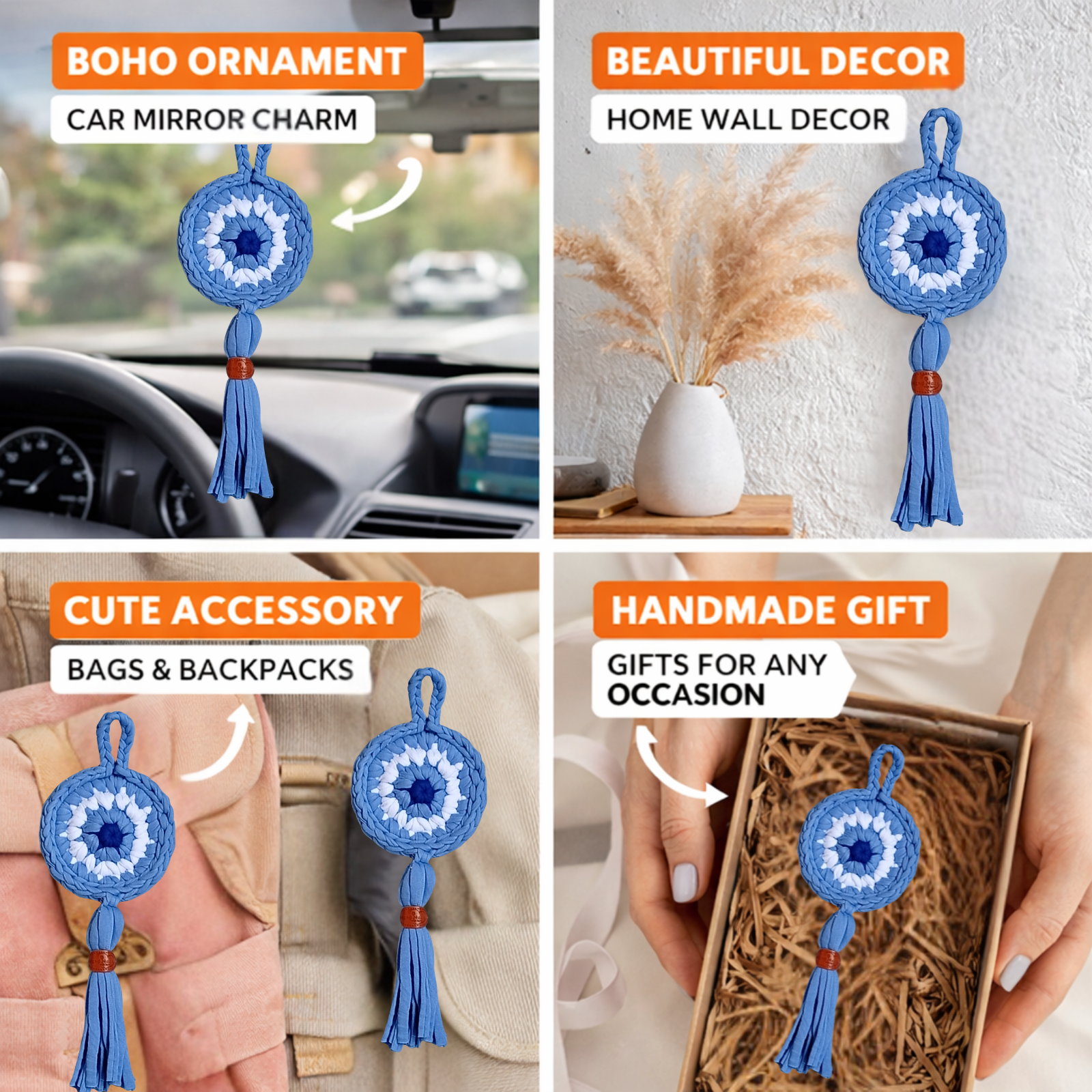 Handmade Crochet Evil Eye Hanging Ornament, Boho Wall Decor, Car Mirror Charm, Bag Accessory, Cotton Handmade Gift