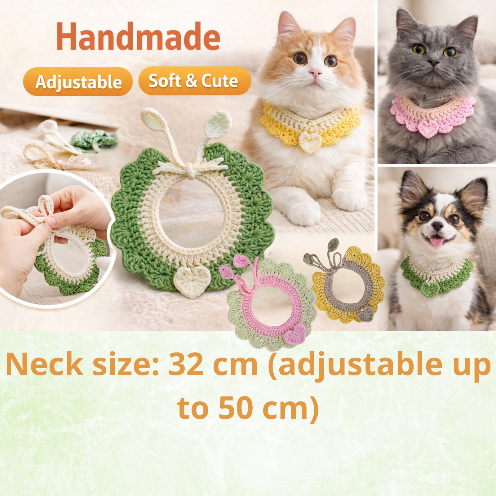 Crochet Pet Collar Handmade – Adjustable Soft Scarf for Cats & Small Dogs