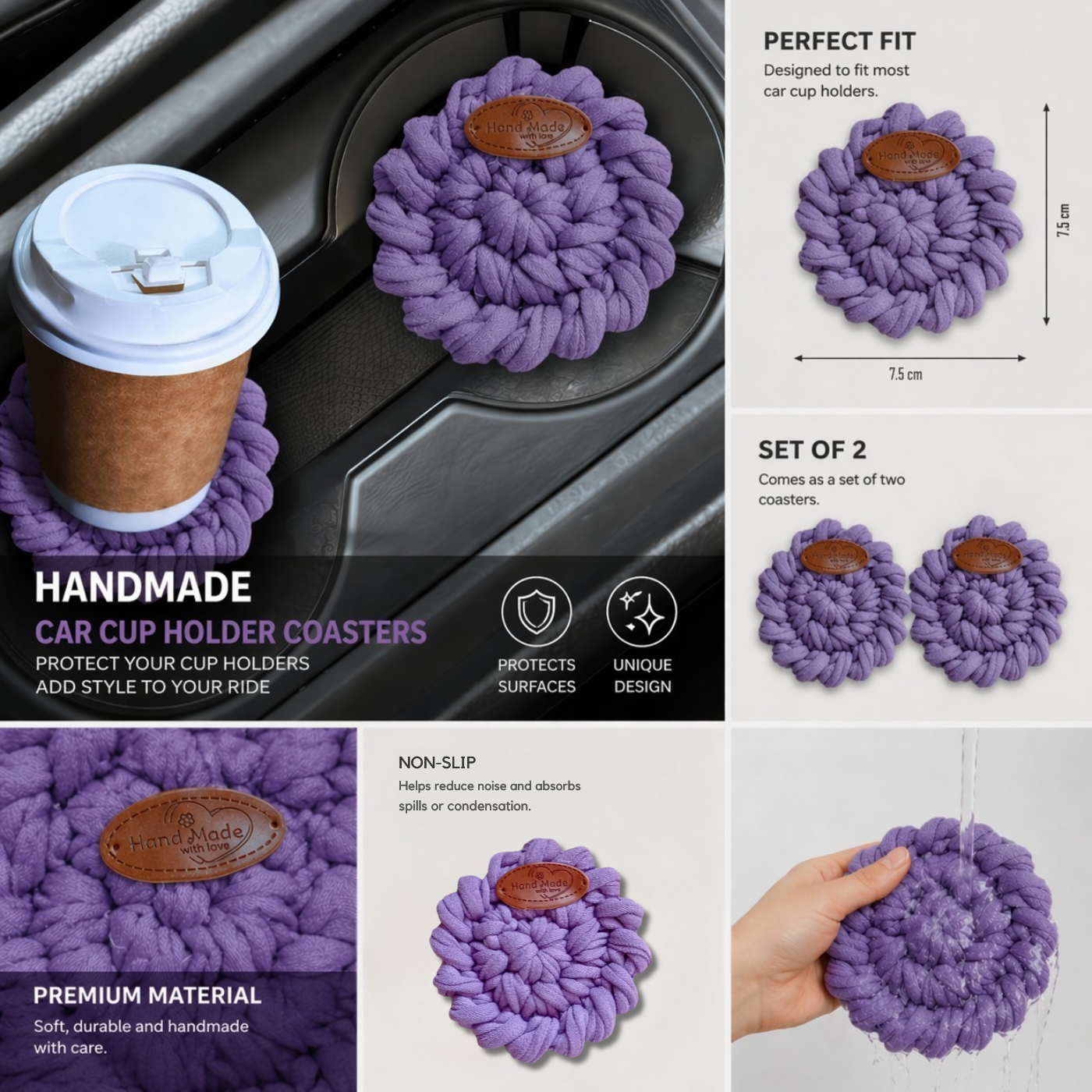 Handmade Crochet Car Coasters Set of 2 – Cotton Cup Holder Inserts 7.5cm, Absorbent Boho Car Accessories