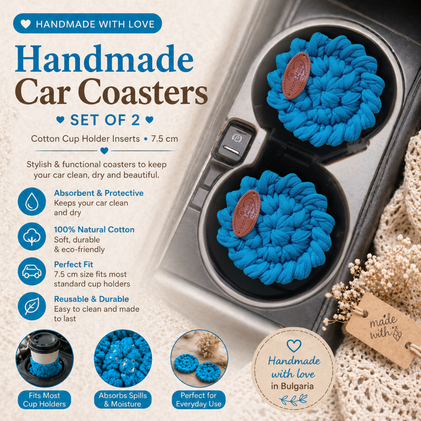 Handmade Crochet Car Coasters Set of 2 – Cotton Cup Holder Inserts 7.5cm, Absorbent Boho Car Accessories