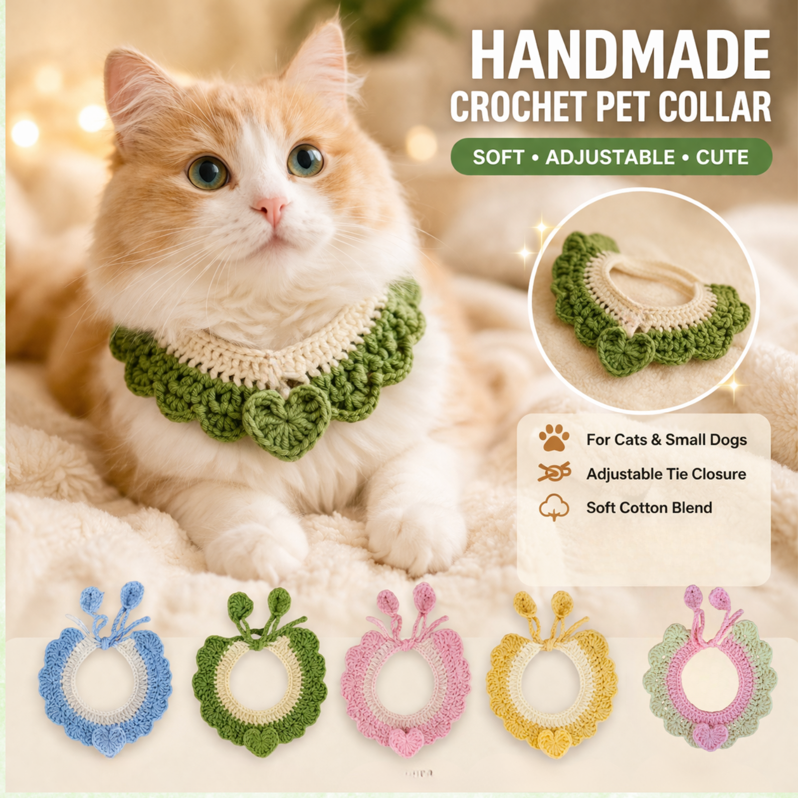 Crochet Pet Collar Handmade – Adjustable Soft Scarf for Cats & Small Dogs