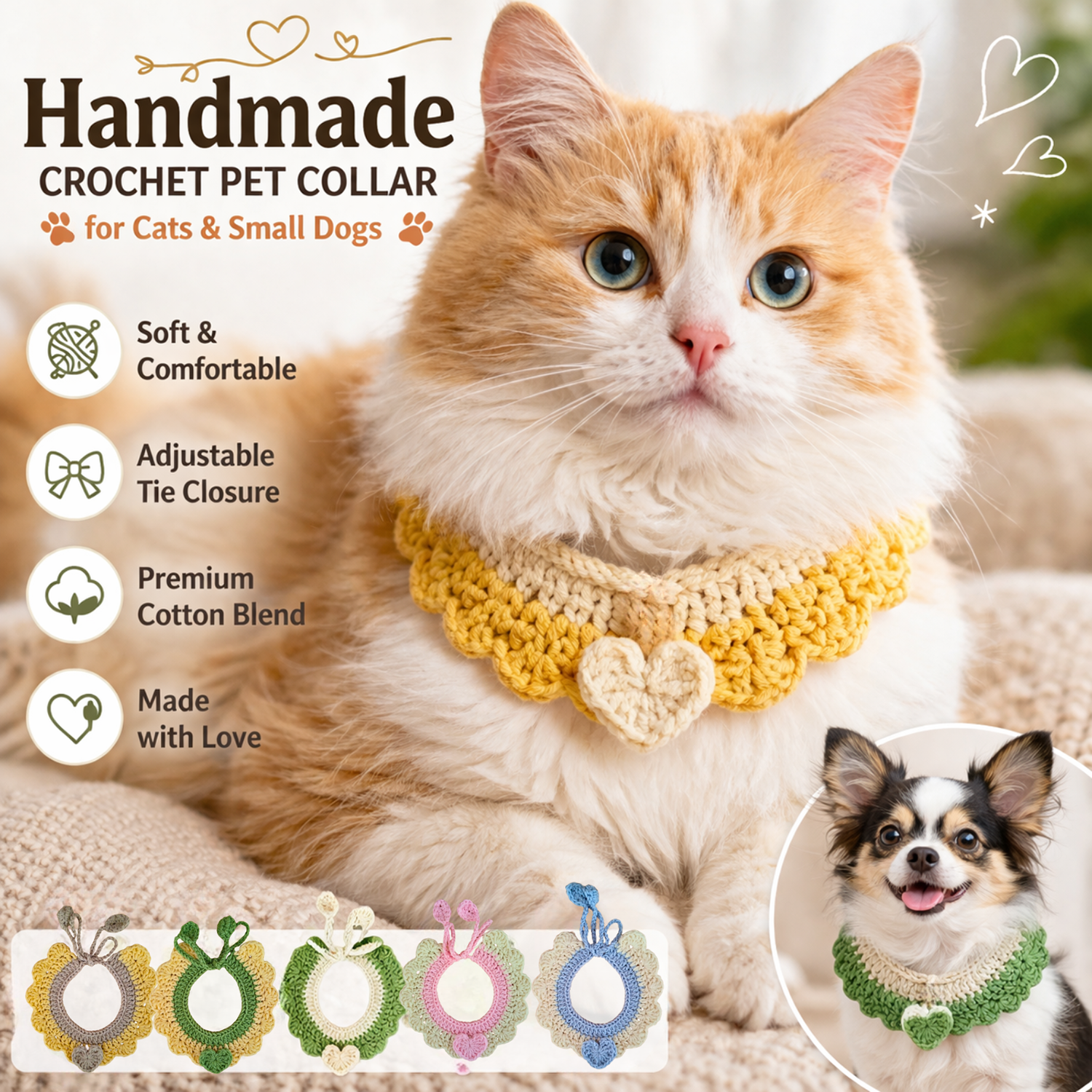 Crochet Pet Collar Handmade – Adjustable Soft Scarf for Cats & Small Dogs