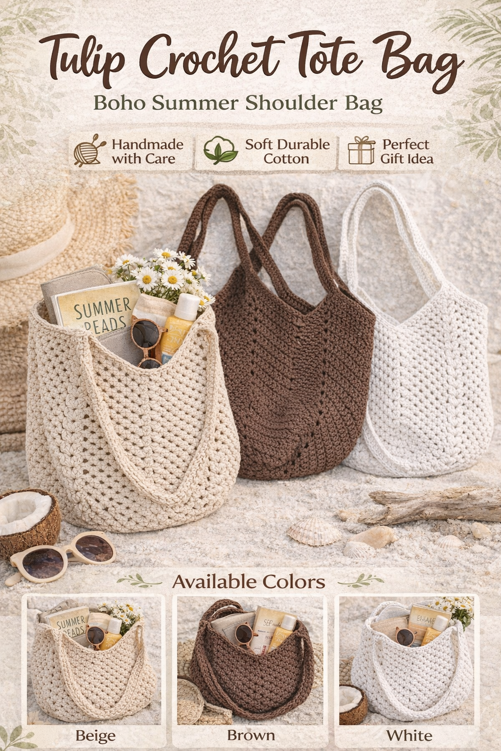 Tulip Crochet Tote Bag Boho Shoulder Bag Cotton Handbag Large Summer Beach Bag Knitted Shopper Gift for Her