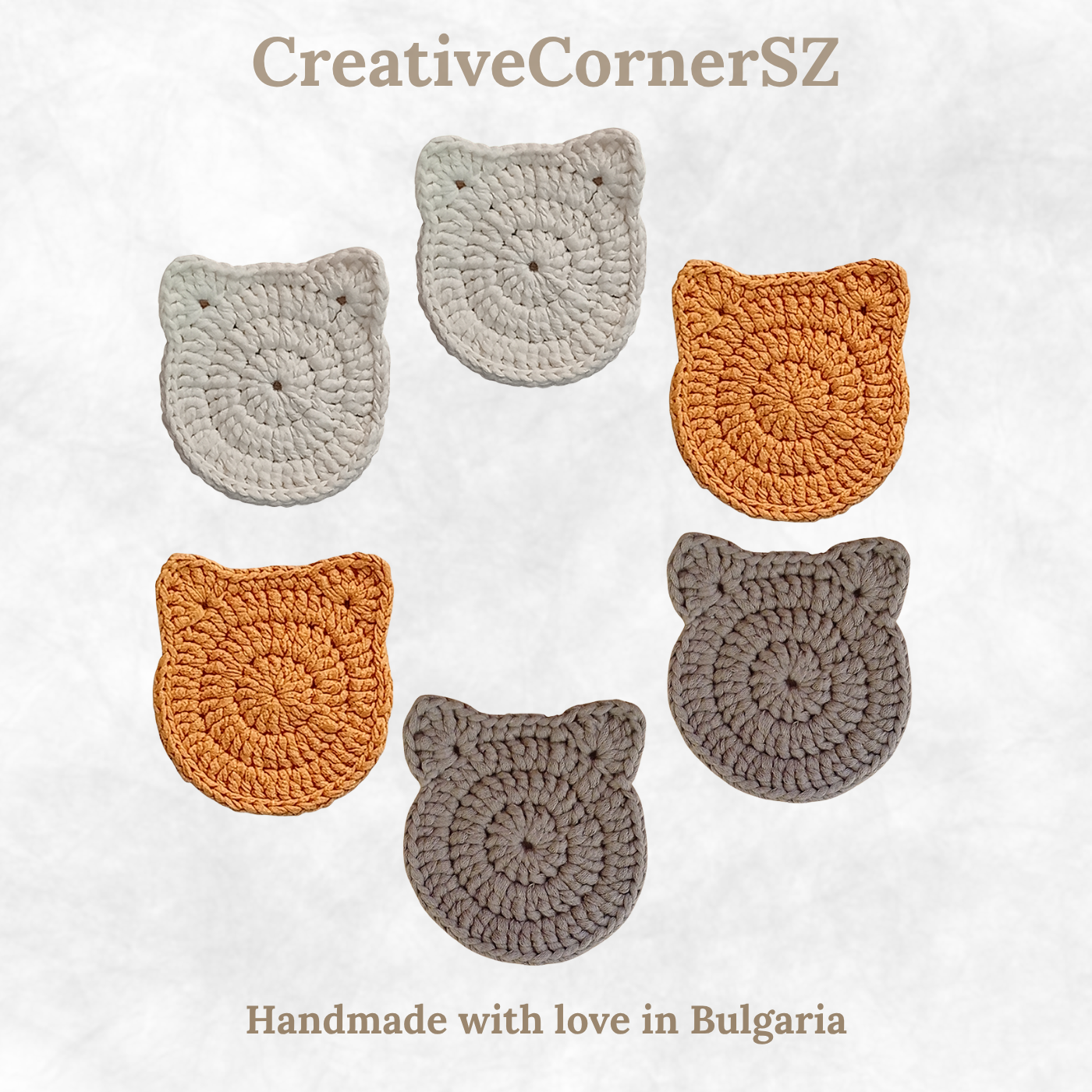 Handmade Crochet Cat Coasters – Set of 6