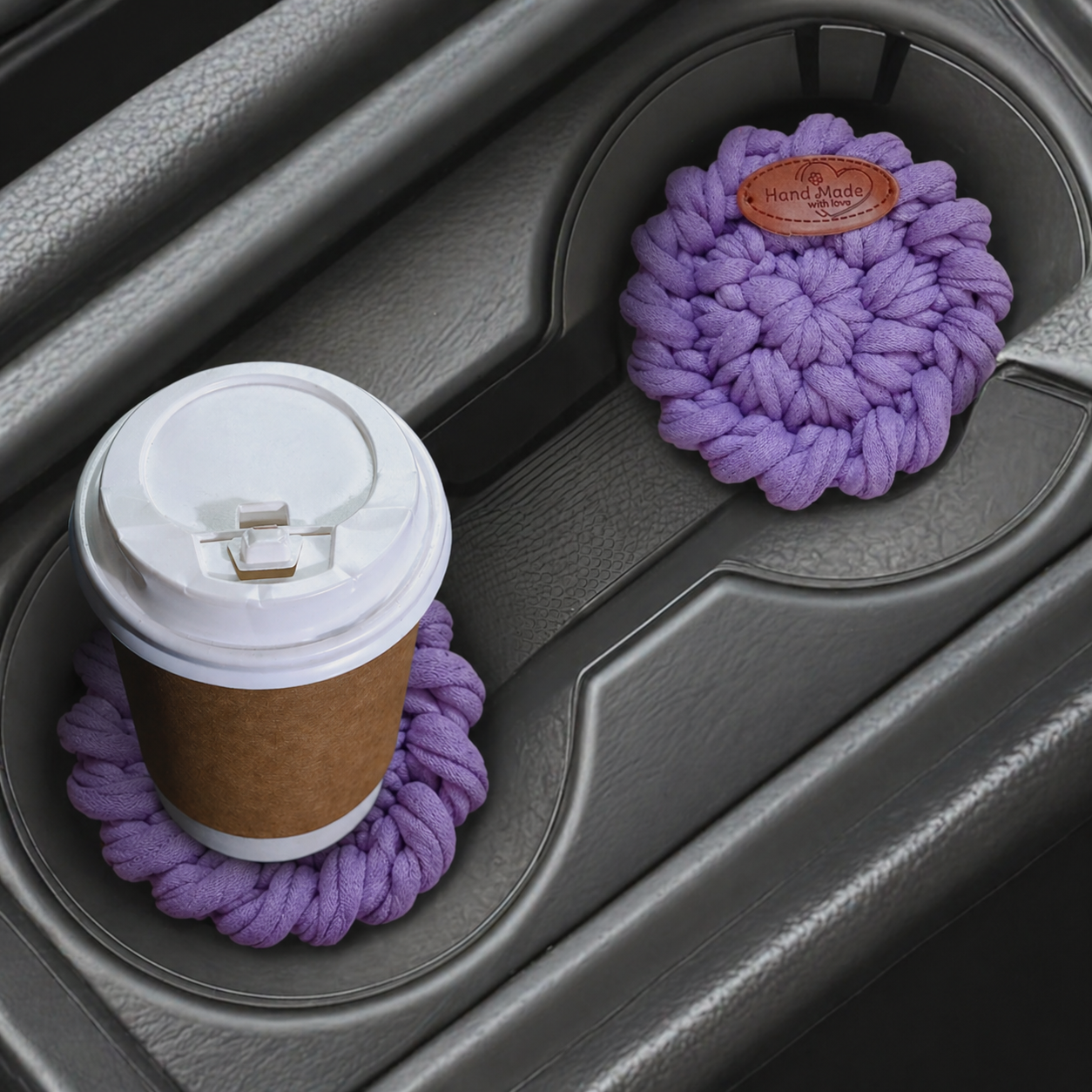 Handmade Crochet Car Coasters Set of 2 – Cotton Cup Holder Inserts 7.5cm, Absorbent Boho Car Accessories