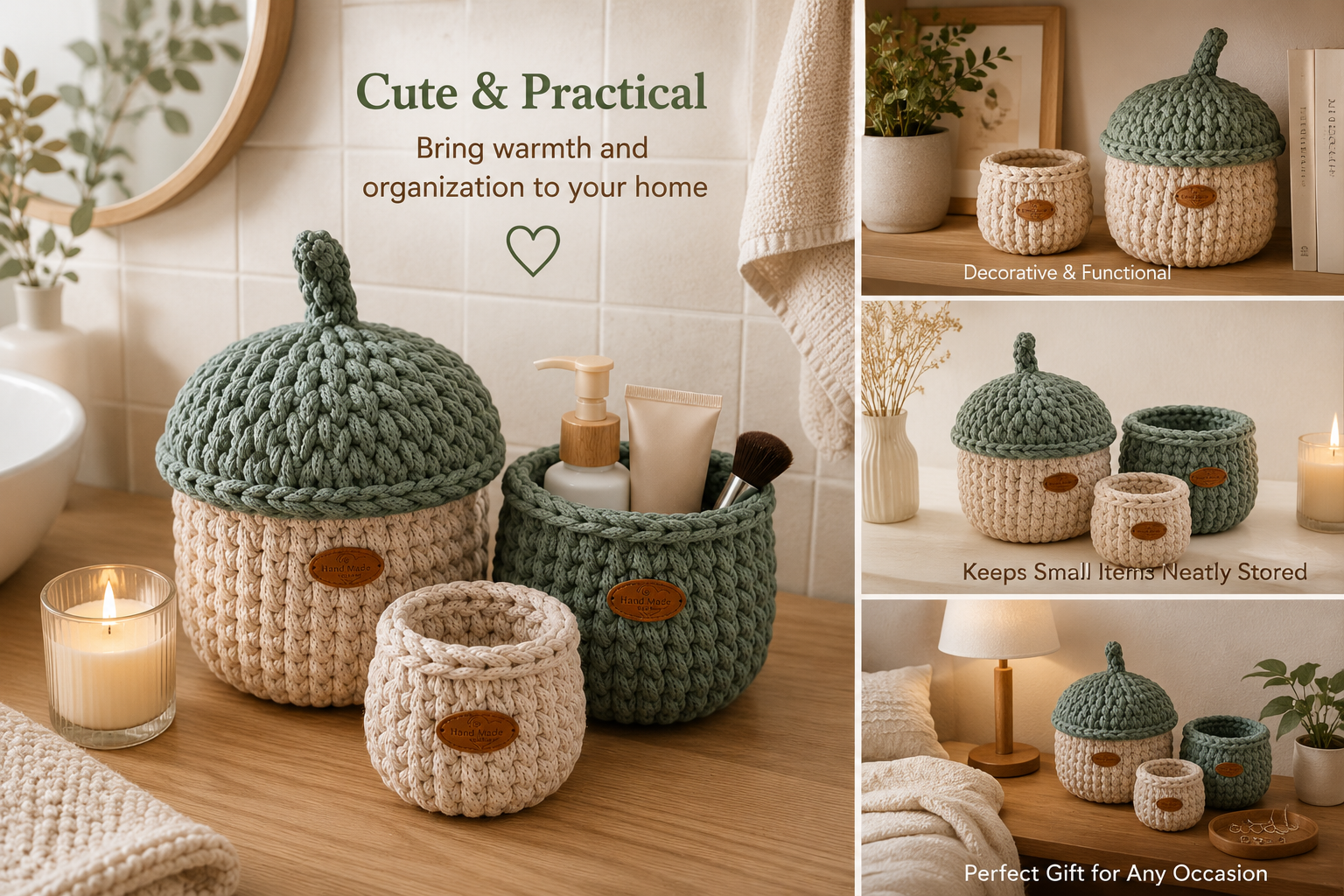 Sturdy Cotton Rope Basket with Lid, Handmade Crochet Acorn Storage Organizer