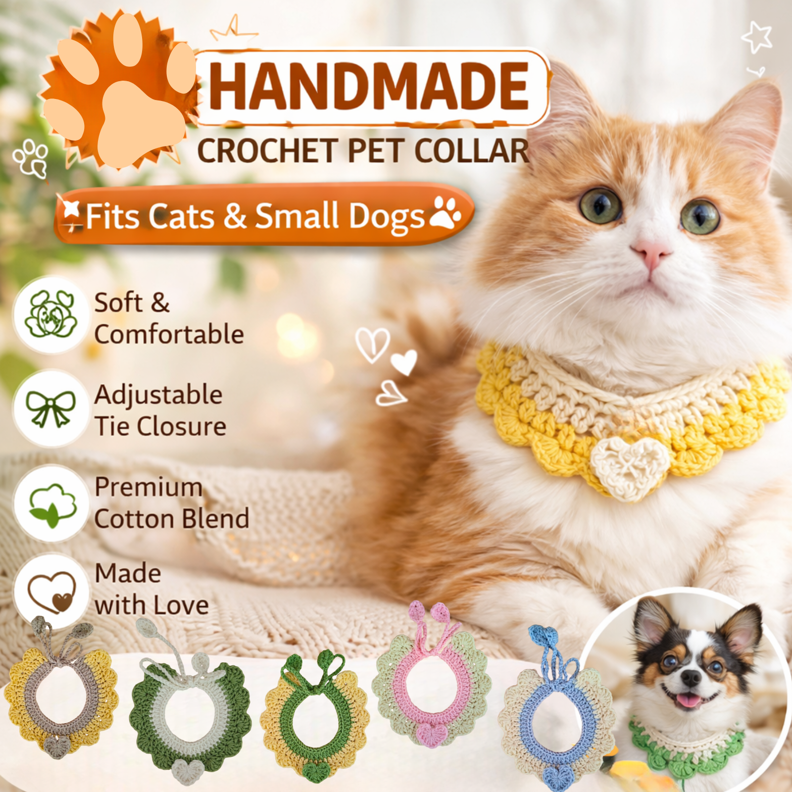 Crochet Pet Collar Handmade – Adjustable Soft Scarf for Cats & Small Dogs