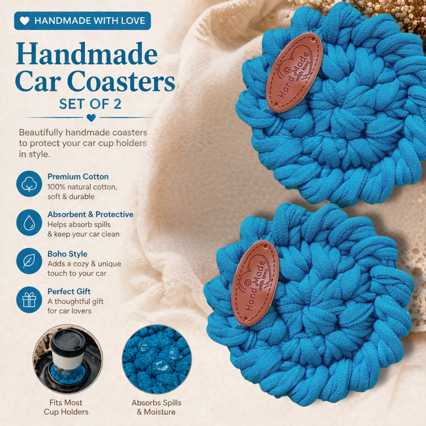 Handmade Crochet Car Coasters Set of 2 – Cotton Cup Holder Inserts 7.5cm, Absorbent Boho Car Accessories