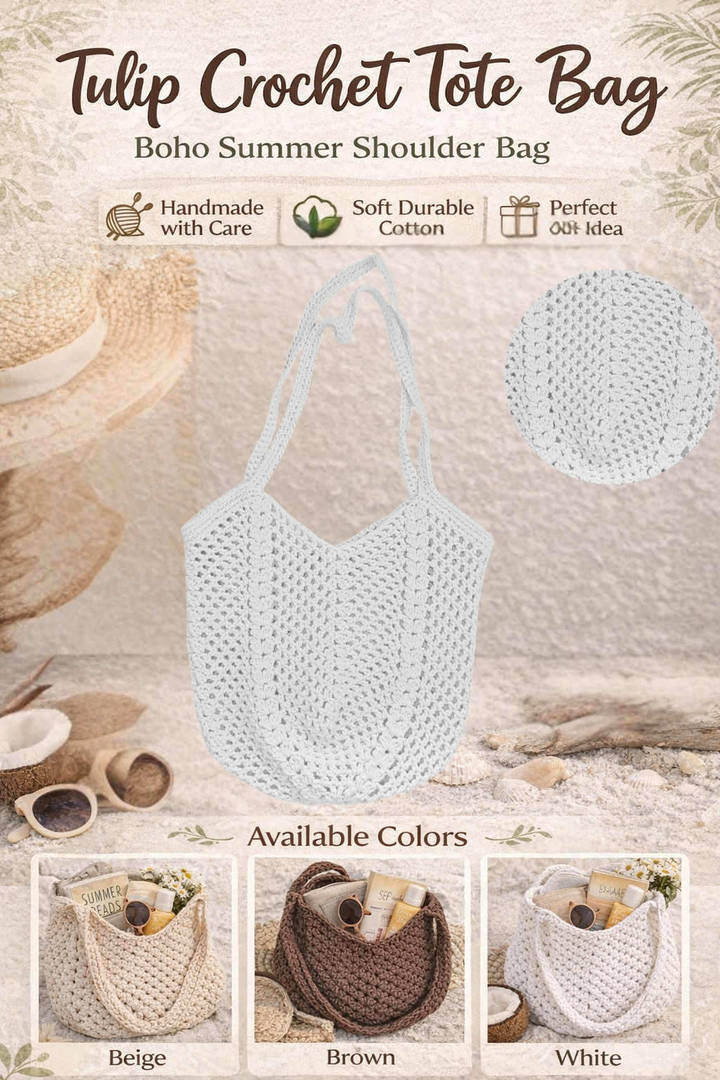 Tulip Crochet Tote Bag Boho Shoulder Bag Cotton Handbag Large Summer Beach Bag Knitted Shopper Gift for Her