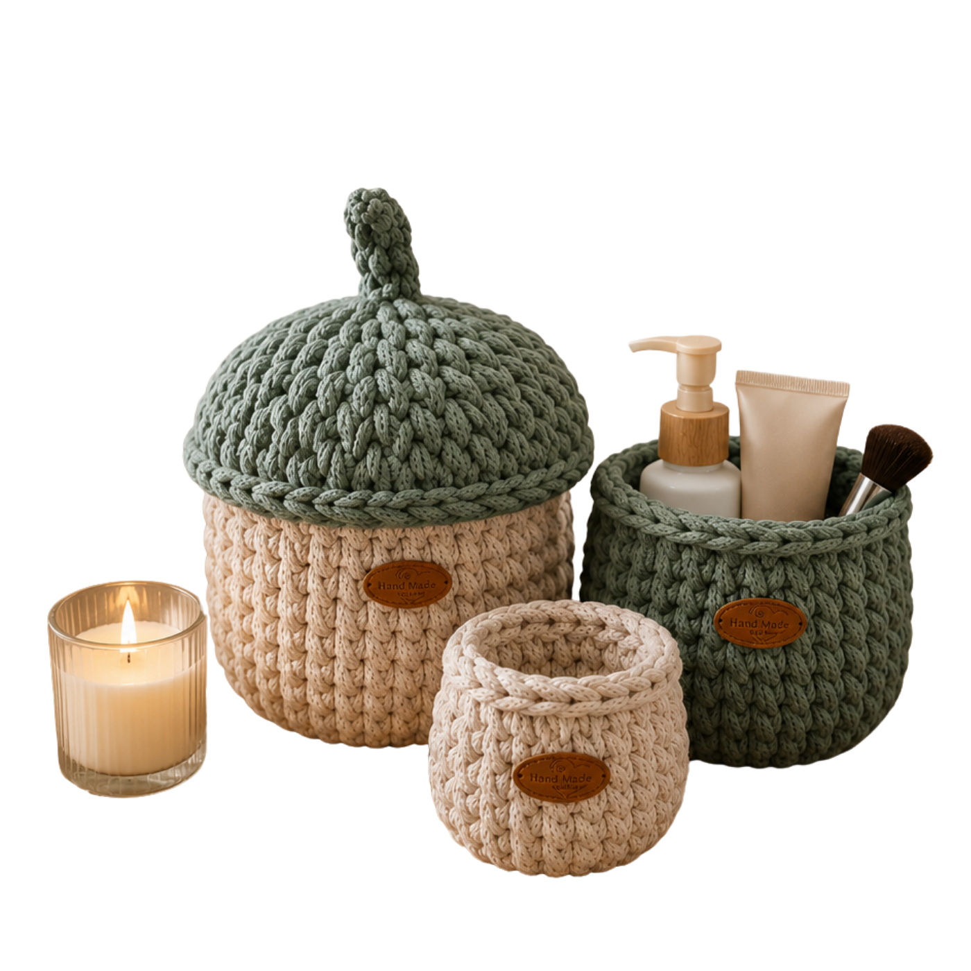 Sturdy Cotton Rope Basket with Lid, Handmade Crochet Acorn Storage Organizer