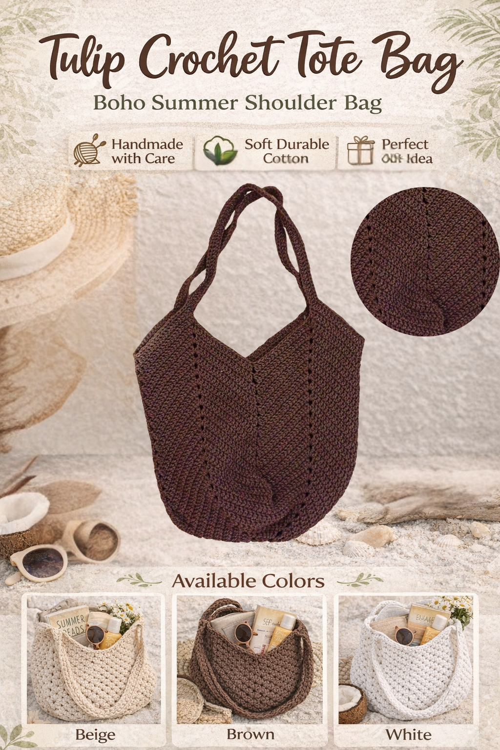 Tulip Crochet Tote Bag Boho Shoulder Bag Cotton Handbag Large Summer Beach Bag Knitted Shopper Gift for Her