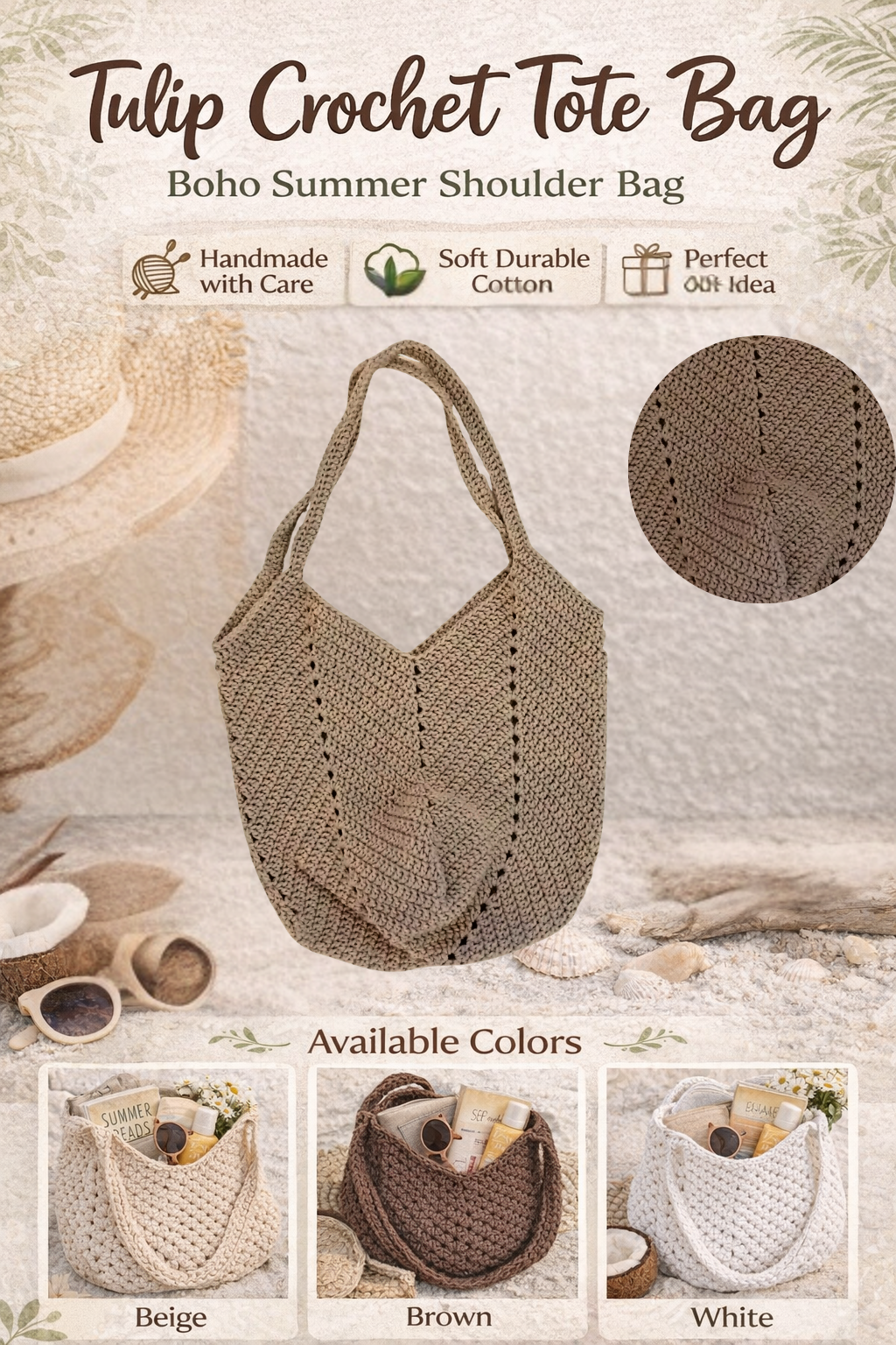 Tulip Crochet Tote Bag Boho Shoulder Bag Cotton Handbag Large Summer Beach Bag Knitted Shopper Gift for Her