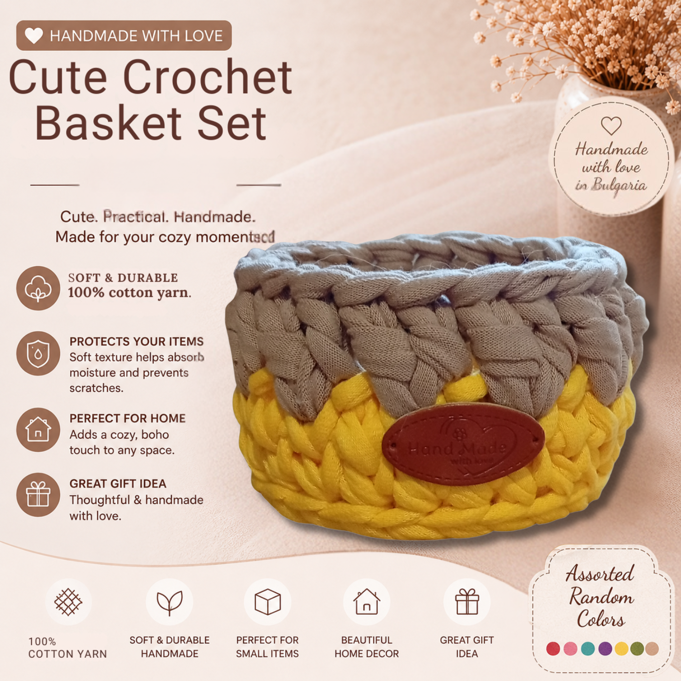 Handmade Crochet Storage Basket Set of 4 Two-Tone Colors