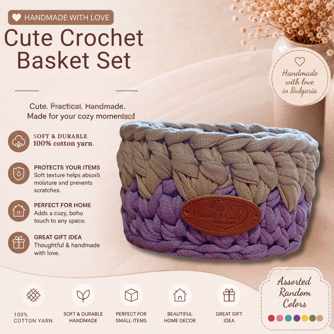 Handmade Crochet Storage Basket Set of 4 Two-Tone Colors