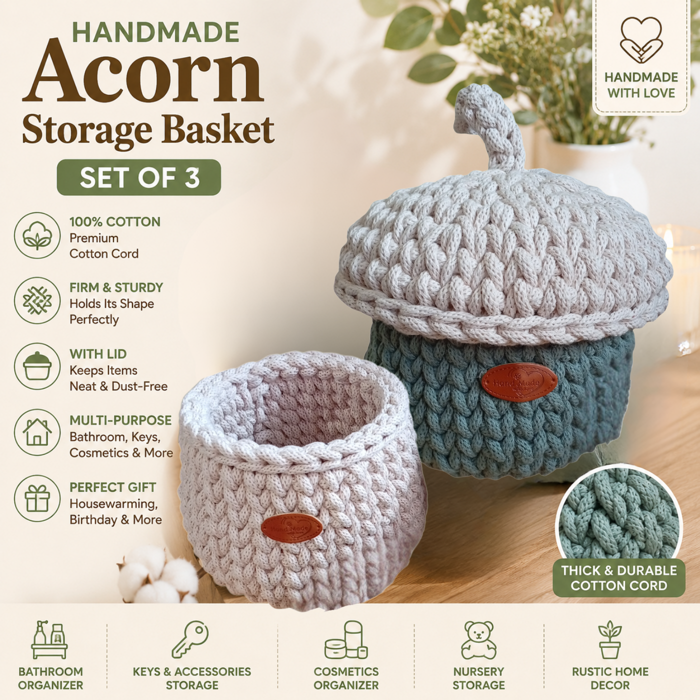 Sturdy Cotton Rope Basket with Lid, Handmade Crochet Acorn Storage Organizer