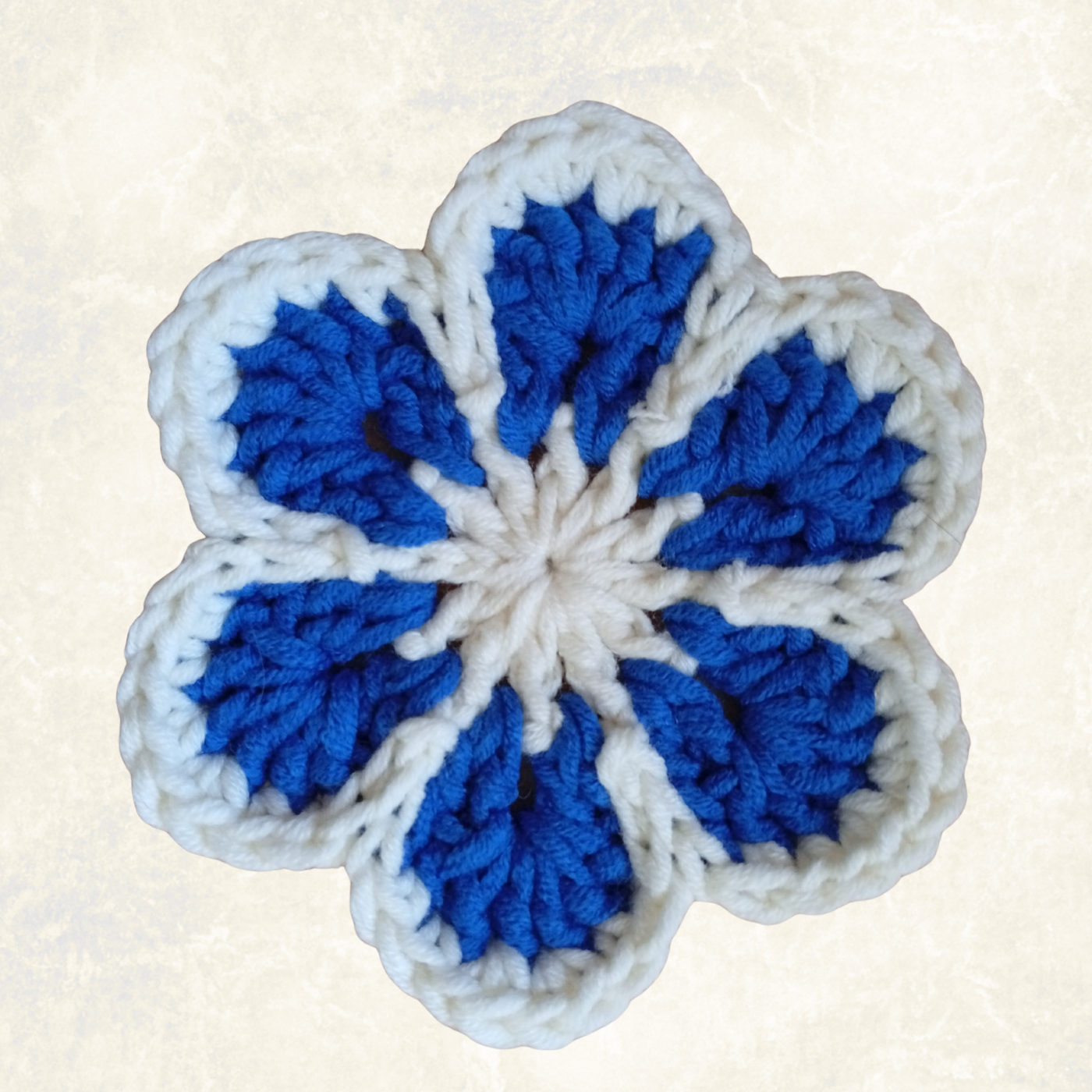 White & Sky Blue Crochet Flower Applique – Handmade Floral Embellishment (10cm)