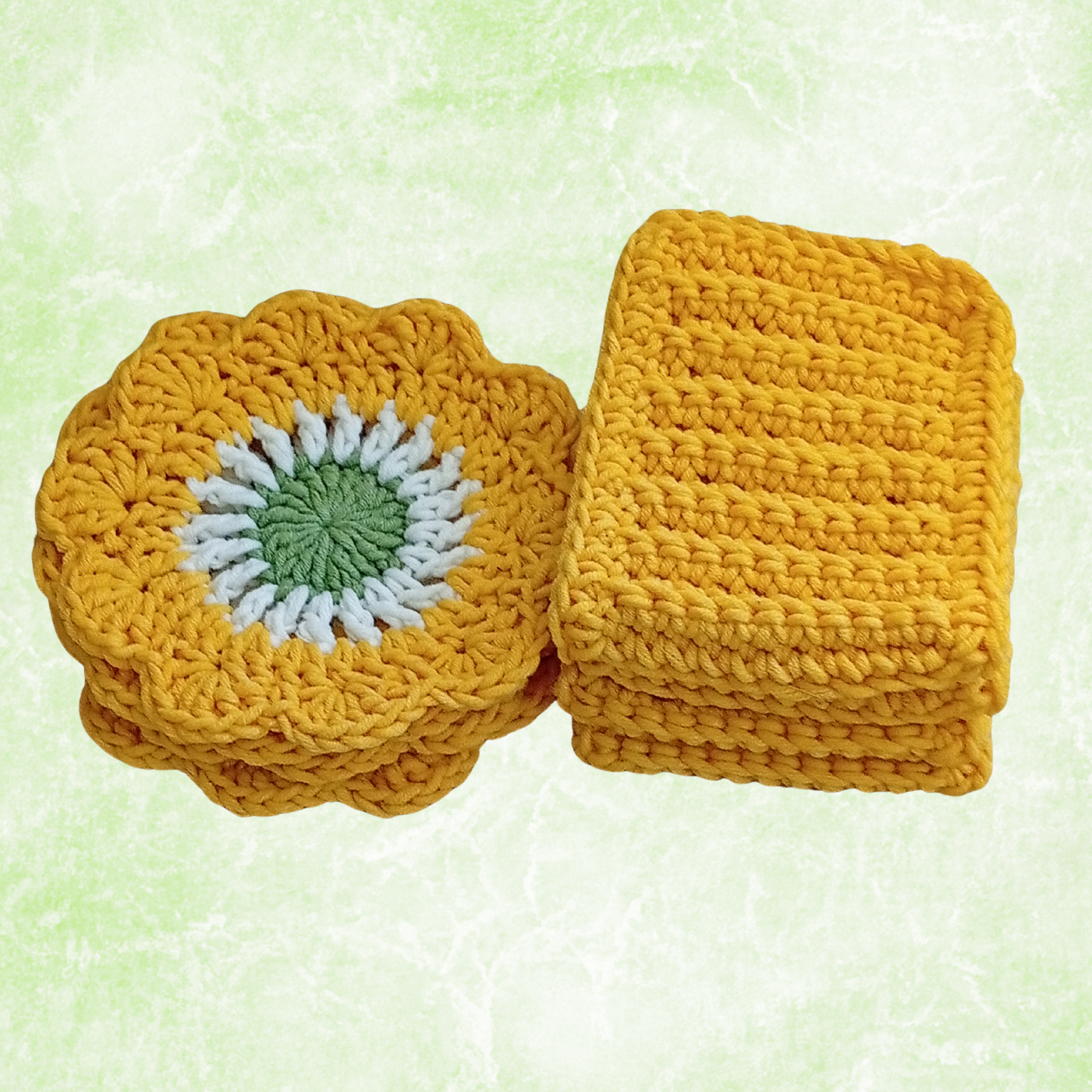 Handmade Crochet Coffee Gift Set – 4 Daisy Coasters & 4 Cup Sleeves (Set of 8)