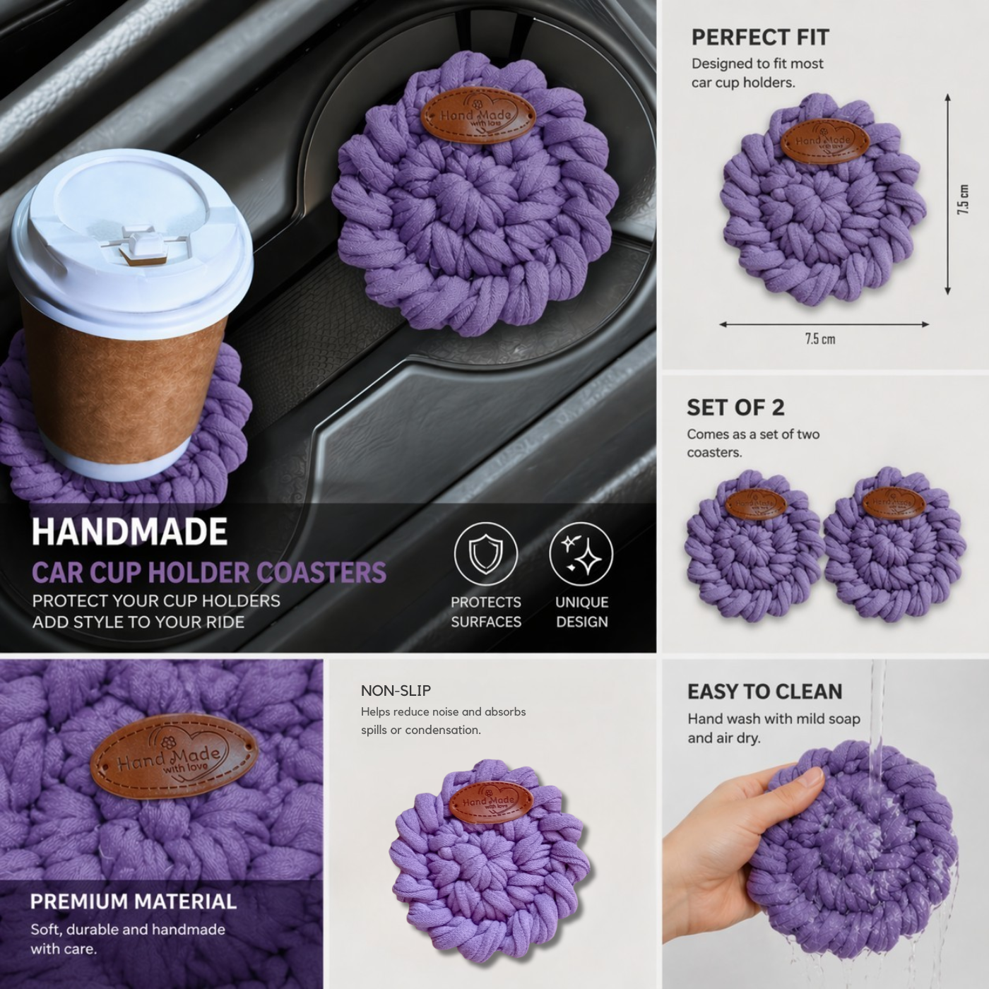 Handmade Crochet Car Coasters Set of 2 – Cotton Cup Holder Inserts 7.5cm, Absorbent Boho Car Accessories