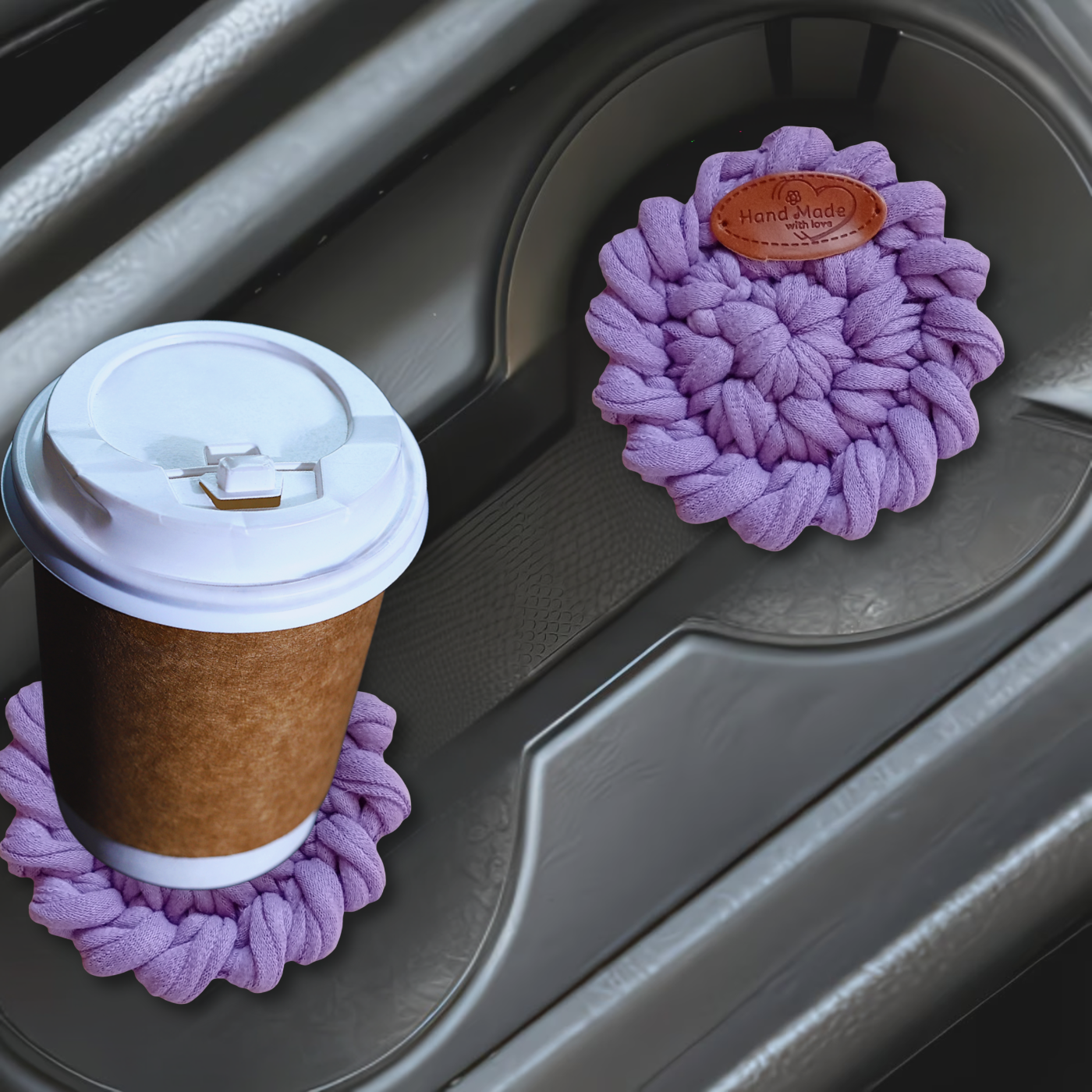 Handmade Crochet Car Coasters Set of 2 – Cotton Cup Holder Inserts 7.5cm, Absorbent Boho Car Accessories