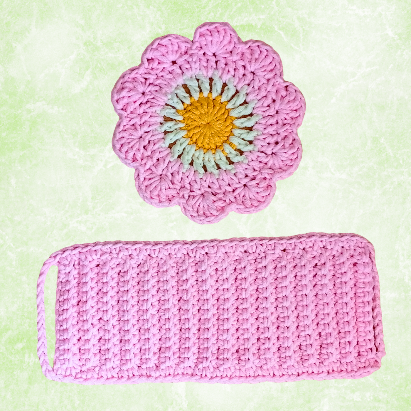 Handmade Crochet Coffee Gift Set – 4 Daisy Coasters & 4 Cup Sleeves (Set of 8)