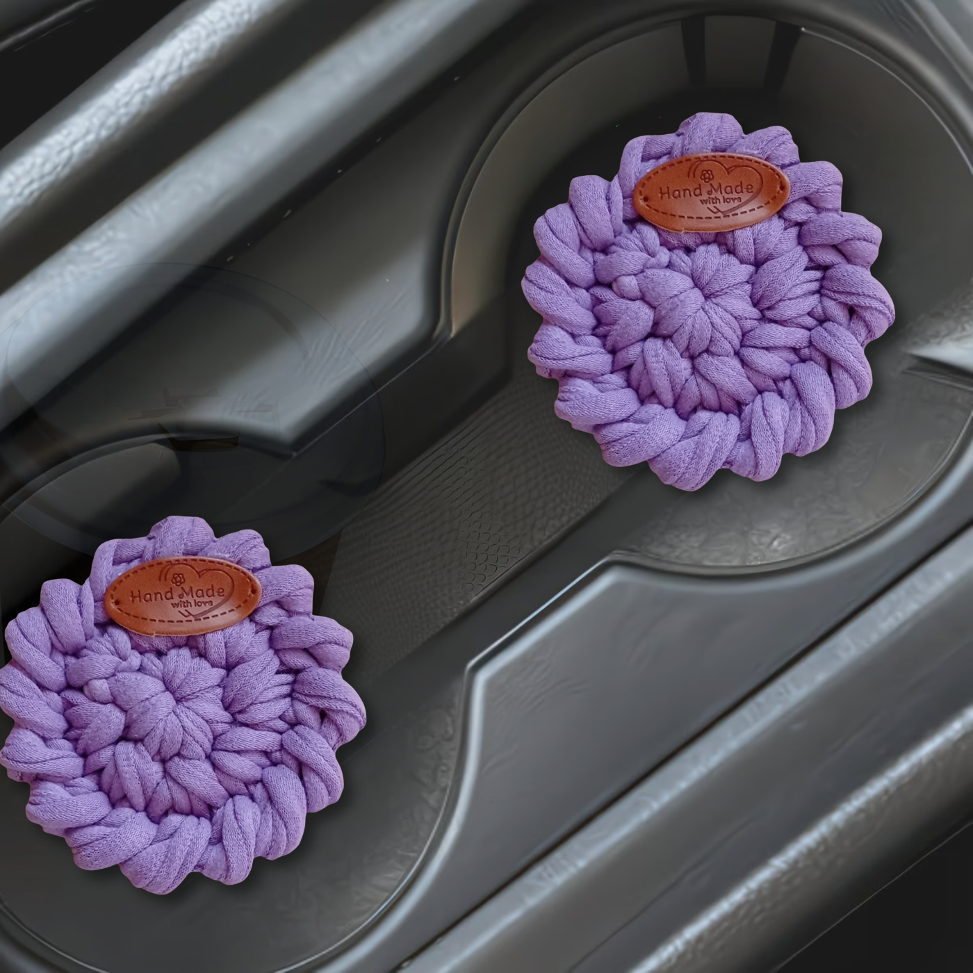 Handmade Crochet Car Coasters Set of 2 – Cotton Cup Holder Inserts 7.5cm, Absorbent Boho Car Accessories