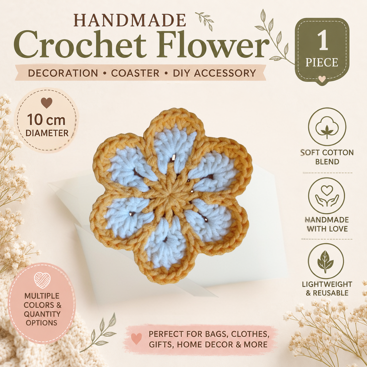 Yellow & White Crochet Flower Applique – Handmade Floral Embellishment (10cm) (Copy)