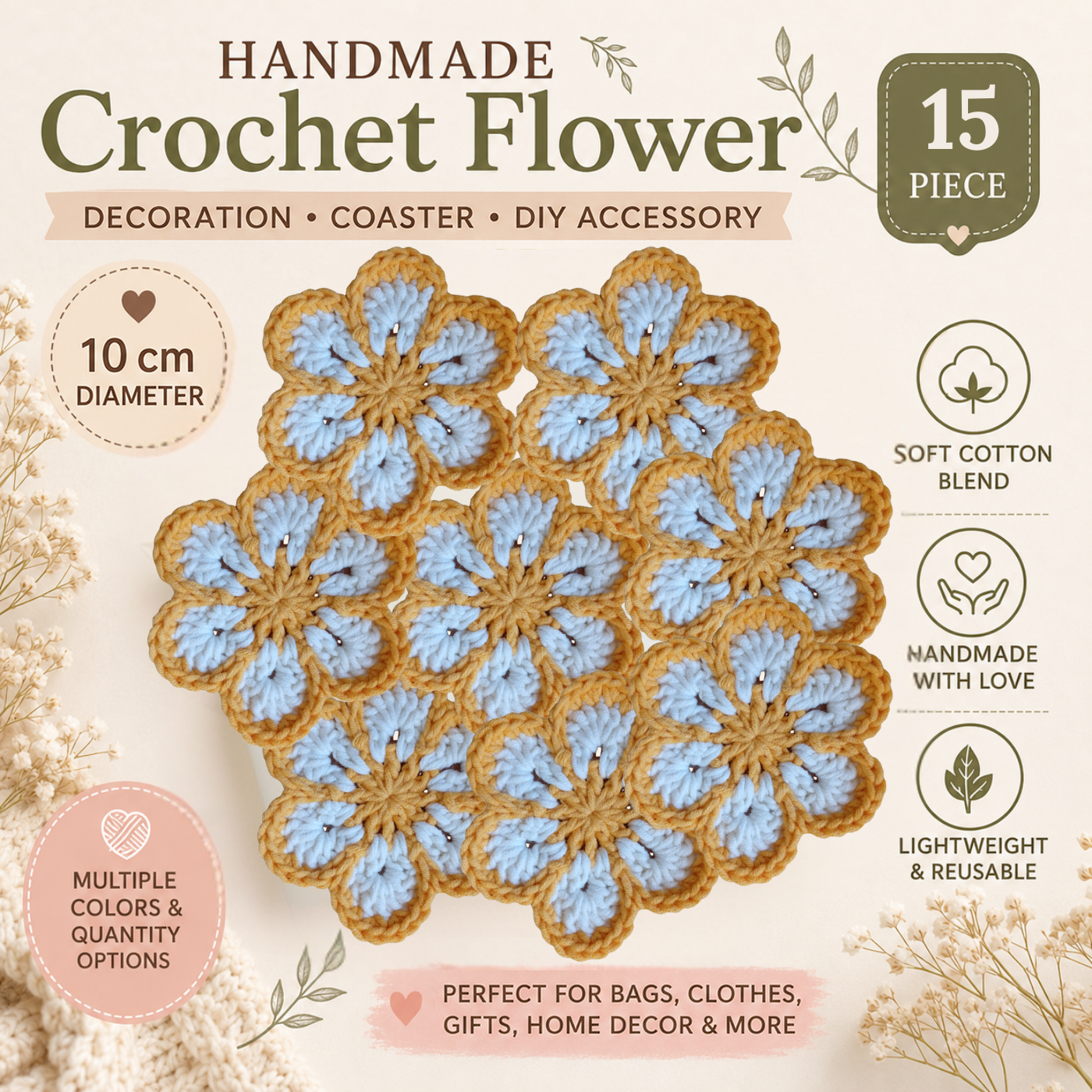 Yellow & White Crochet Flower Applique – Handmade Floral Embellishment (10cm) (Copy)