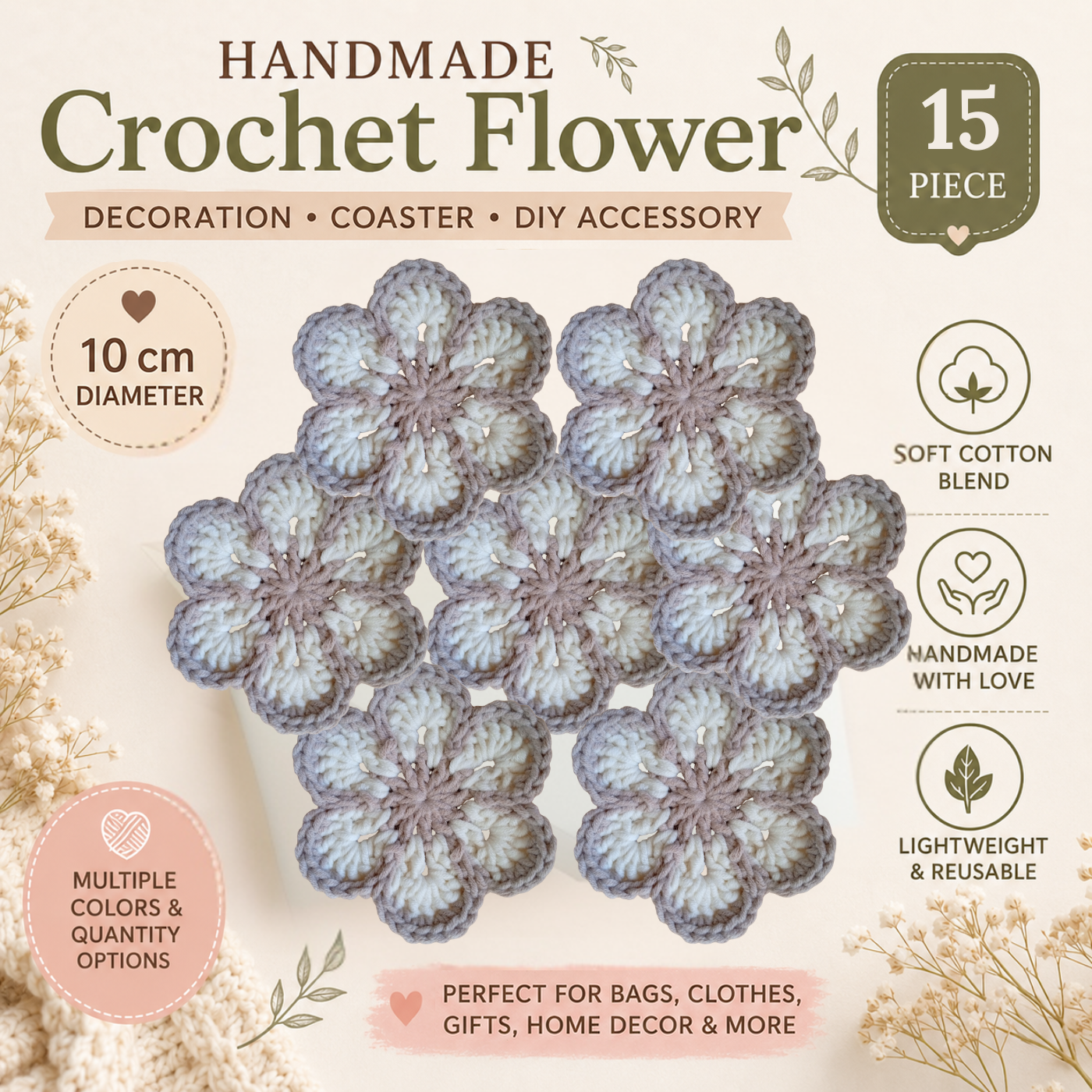 Beige & White Crochet Flower Applique – Handmade Floral Embellishment (10cm)