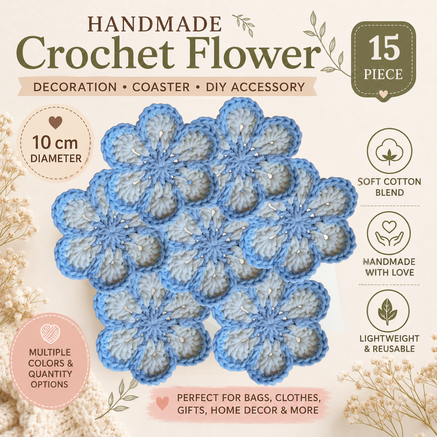 Sky Blue & White Crochet Flower Applique – Handmade Floral Embellishment (10cm)