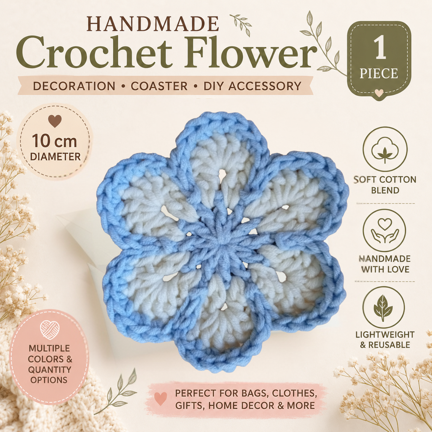 Sky Blue & White Crochet Flower Applique – Handmade Floral Embellishment (10cm)