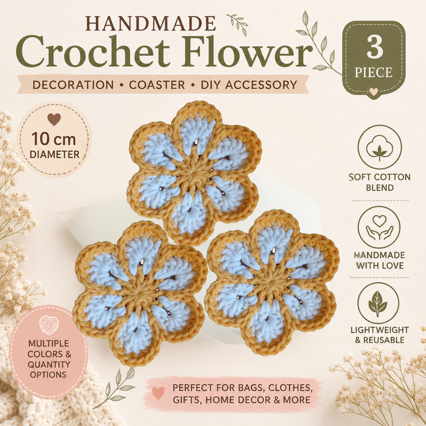 Yellow & White Crochet Flower Applique – Handmade Floral Embellishment (10cm) (Copy)