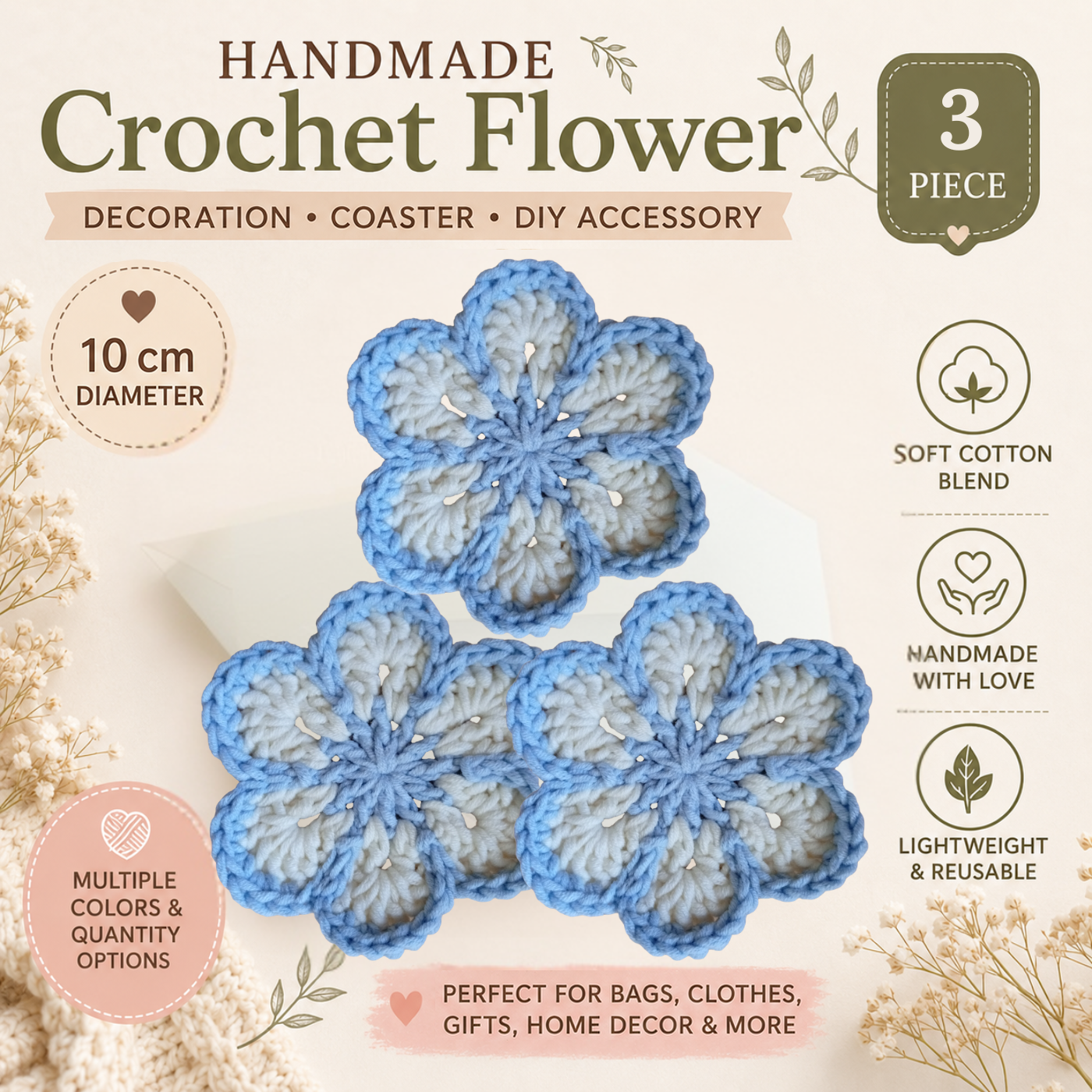 Sky Blue & White Crochet Flower Applique – Handmade Floral Embellishment (10cm)