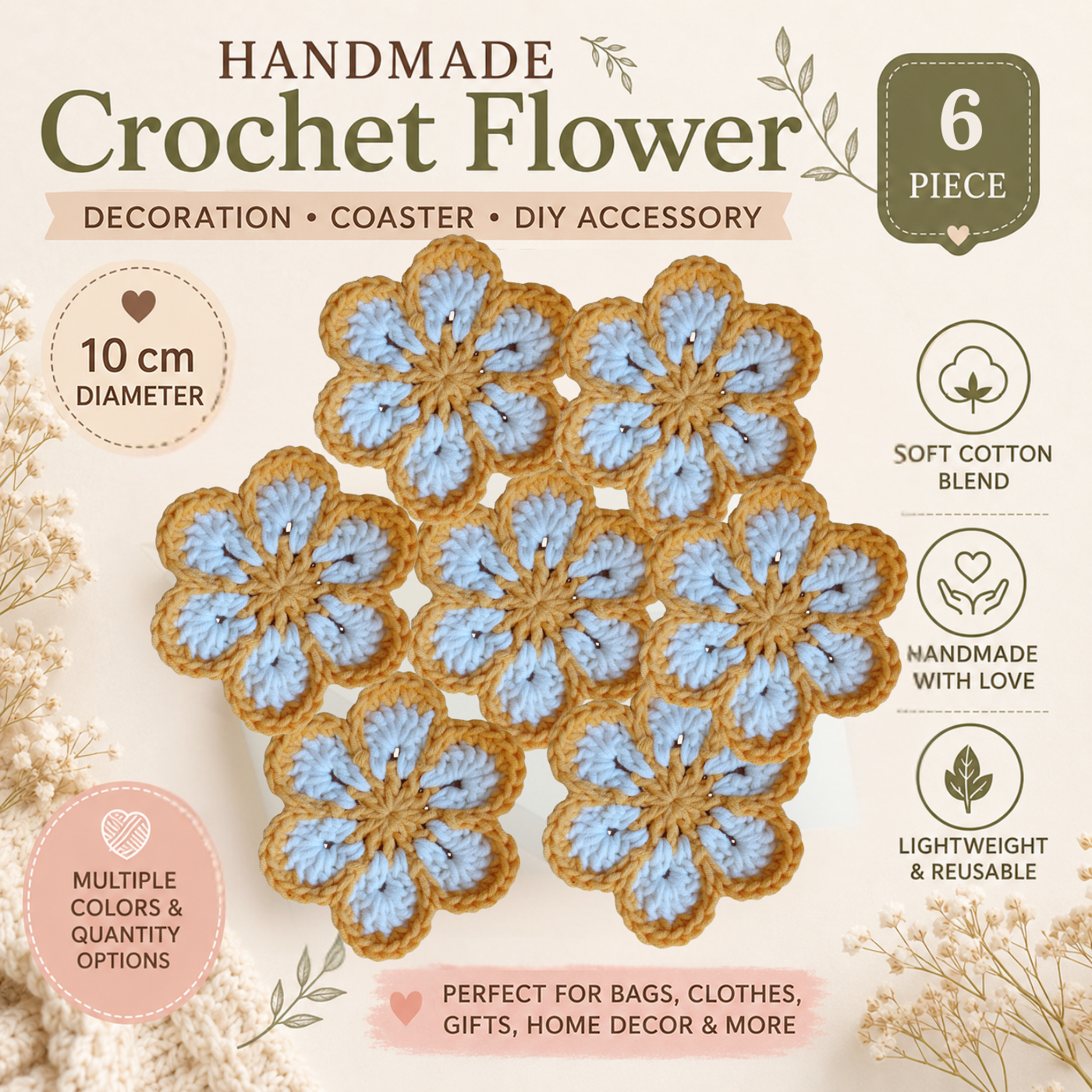Yellow & White Crochet Flower Applique – Handmade Floral Embellishment (10cm) (Copy)