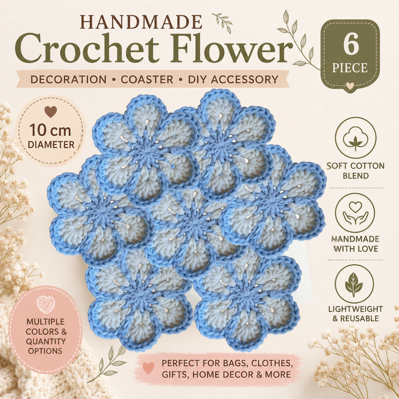 Sky Blue & White Crochet Flower Applique – Handmade Floral Embellishment (10cm)