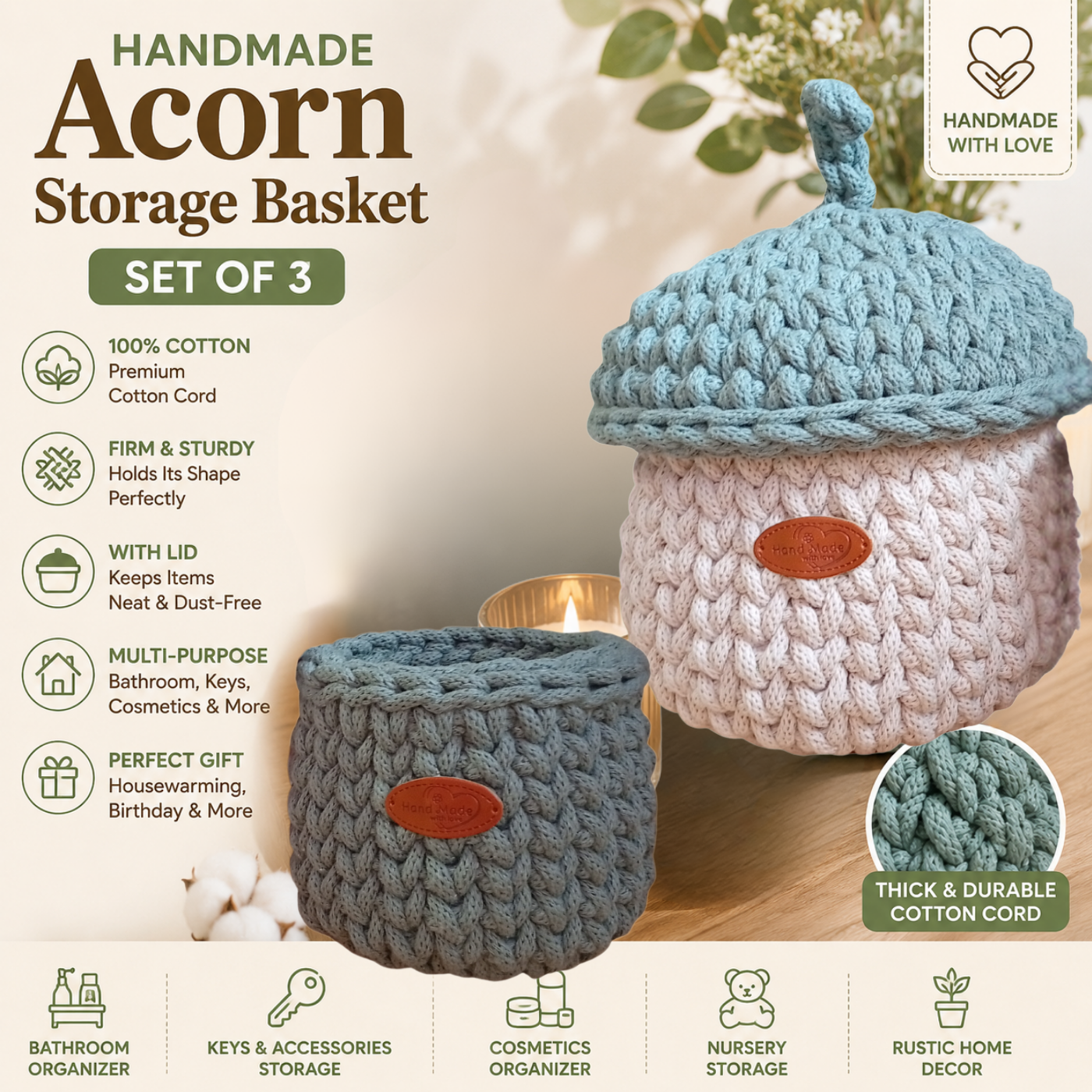 Sturdy Cotton Rope Basket with Lid, Handmade Crochet Acorn Storage Organizer